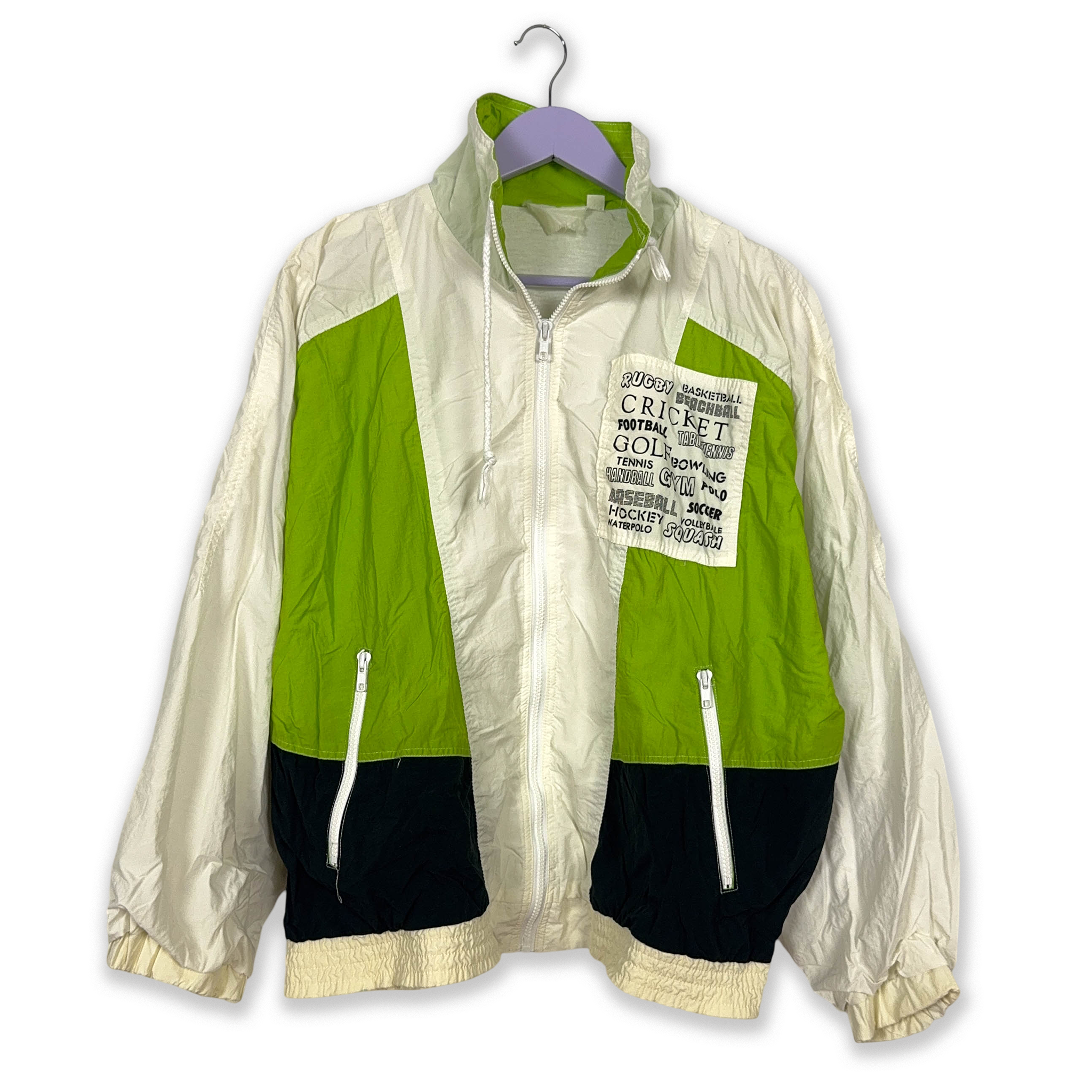 Vintage Cream and Green Windbreaker Jacket with Zip and 80s 90s Patch - Size L Men