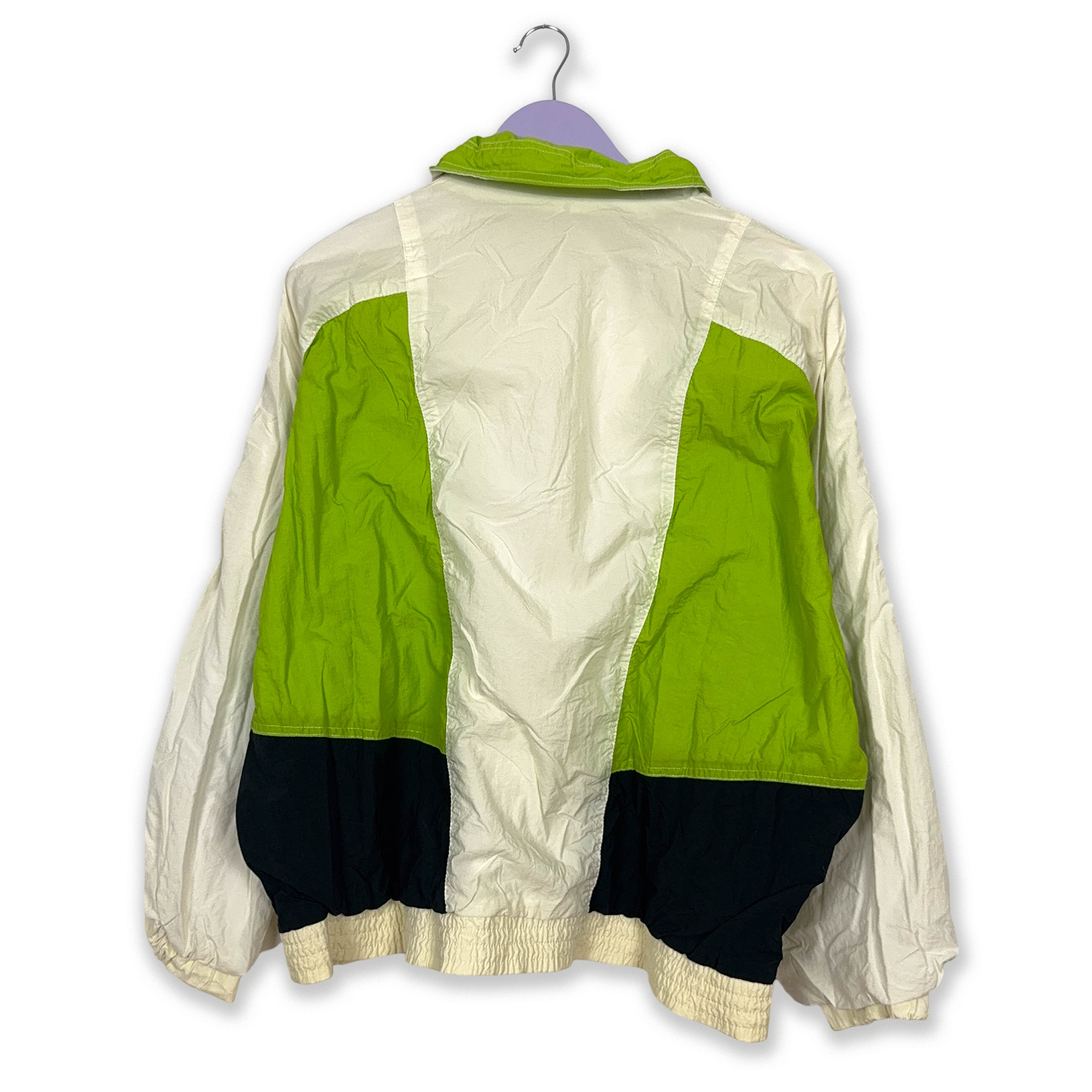 Vintage Cream and Green Windbreaker Jacket with Zip and 80s 90s Patch - Size L Men