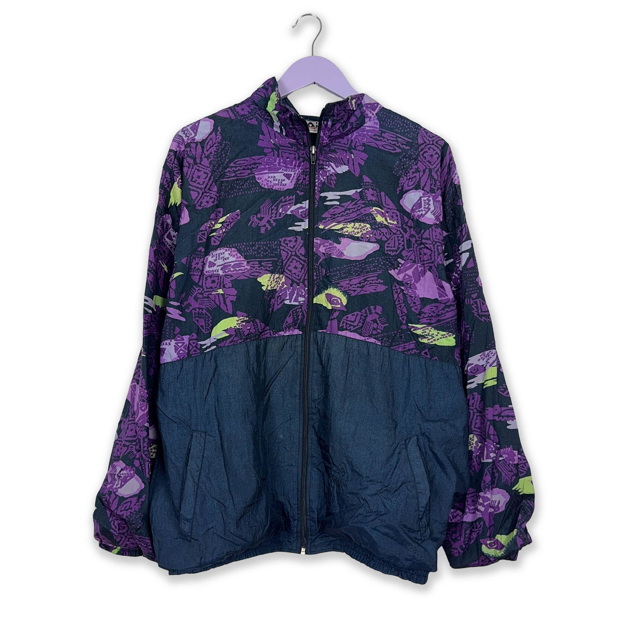 Vintage Dark Blue and Purple Patterned Zip Up Windbreaker Jacket 80s 90s - Size XL Men