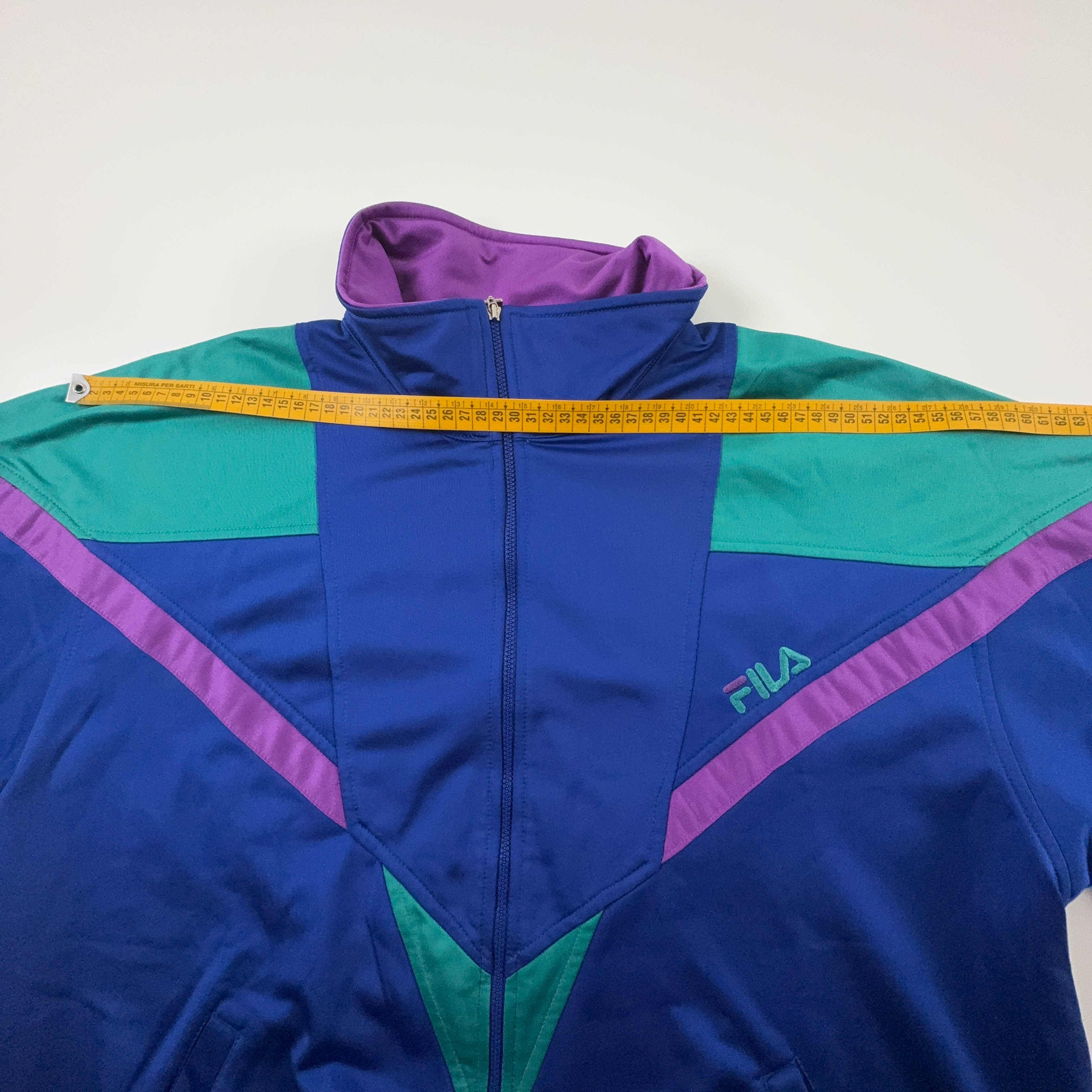 Felpa Fila Vintage blu e viola con zip e logo ricamato anni 90 - Taglia I54 uomo