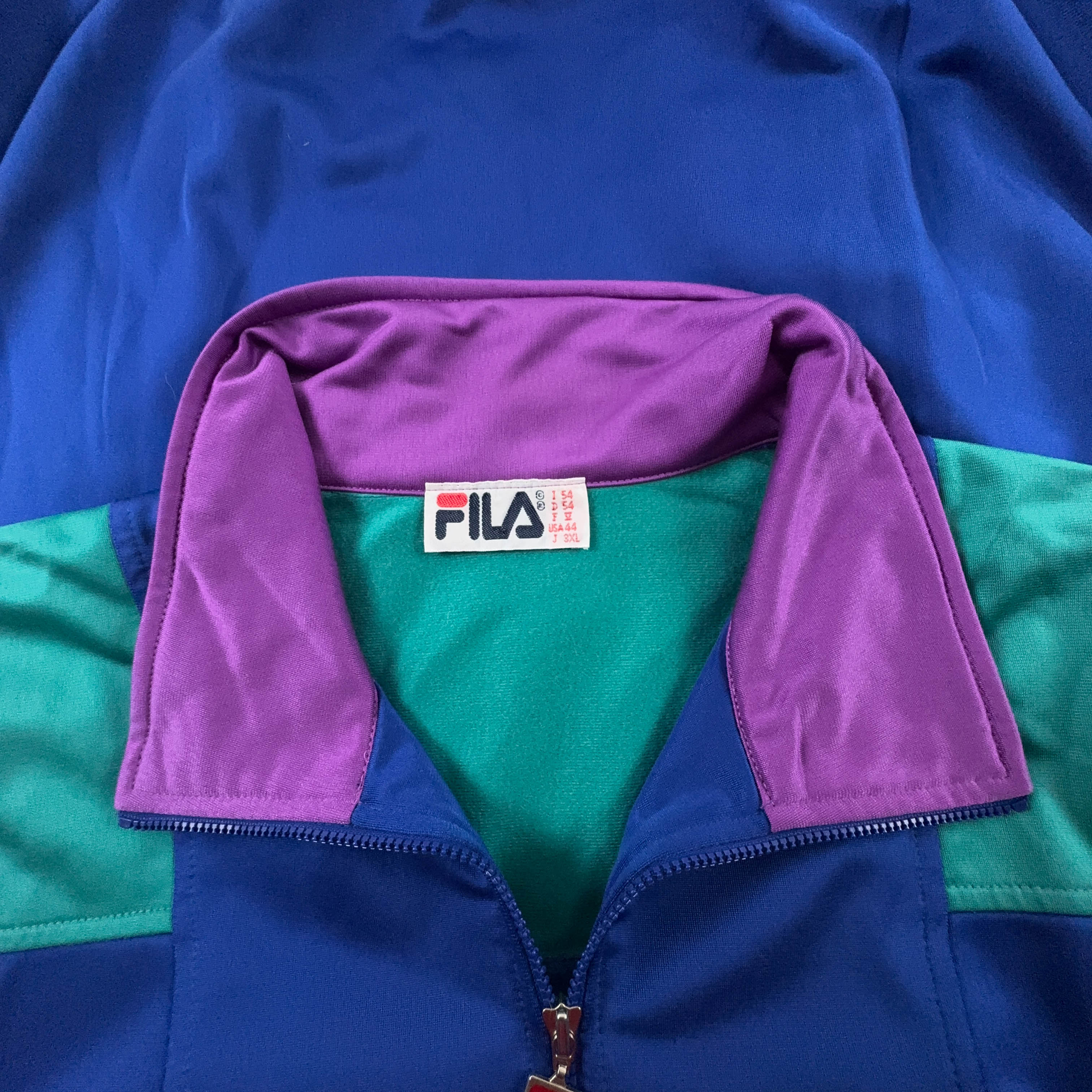 Felpa Fila Vintage blu e viola con zip e logo ricamato anni 90 - Taglia I54 uomo
