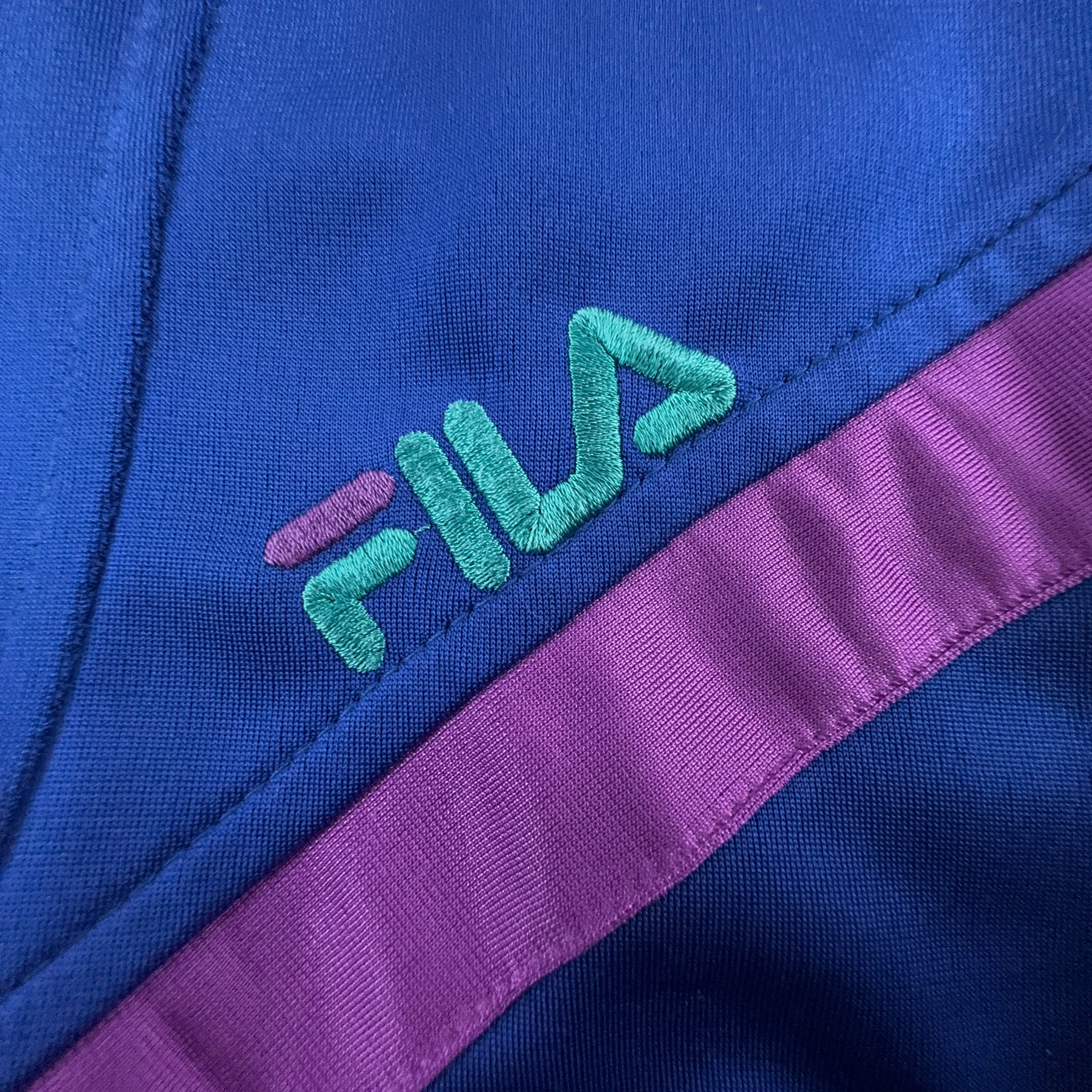 Felpa Fila Vintage blu e viola con zip e logo ricamato anni 90 - Taglia I54 uomo
