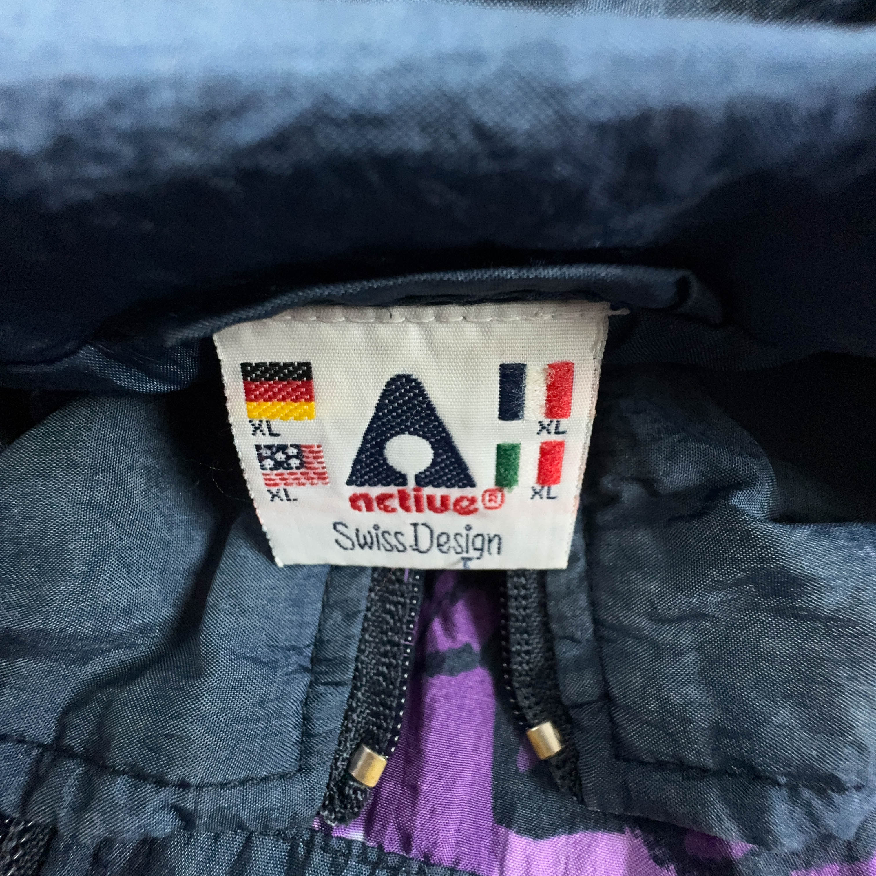 Vintage Dark Blue and Purple Patterned Zip Up Windbreaker Jacket 80s 90s - Size XL Men