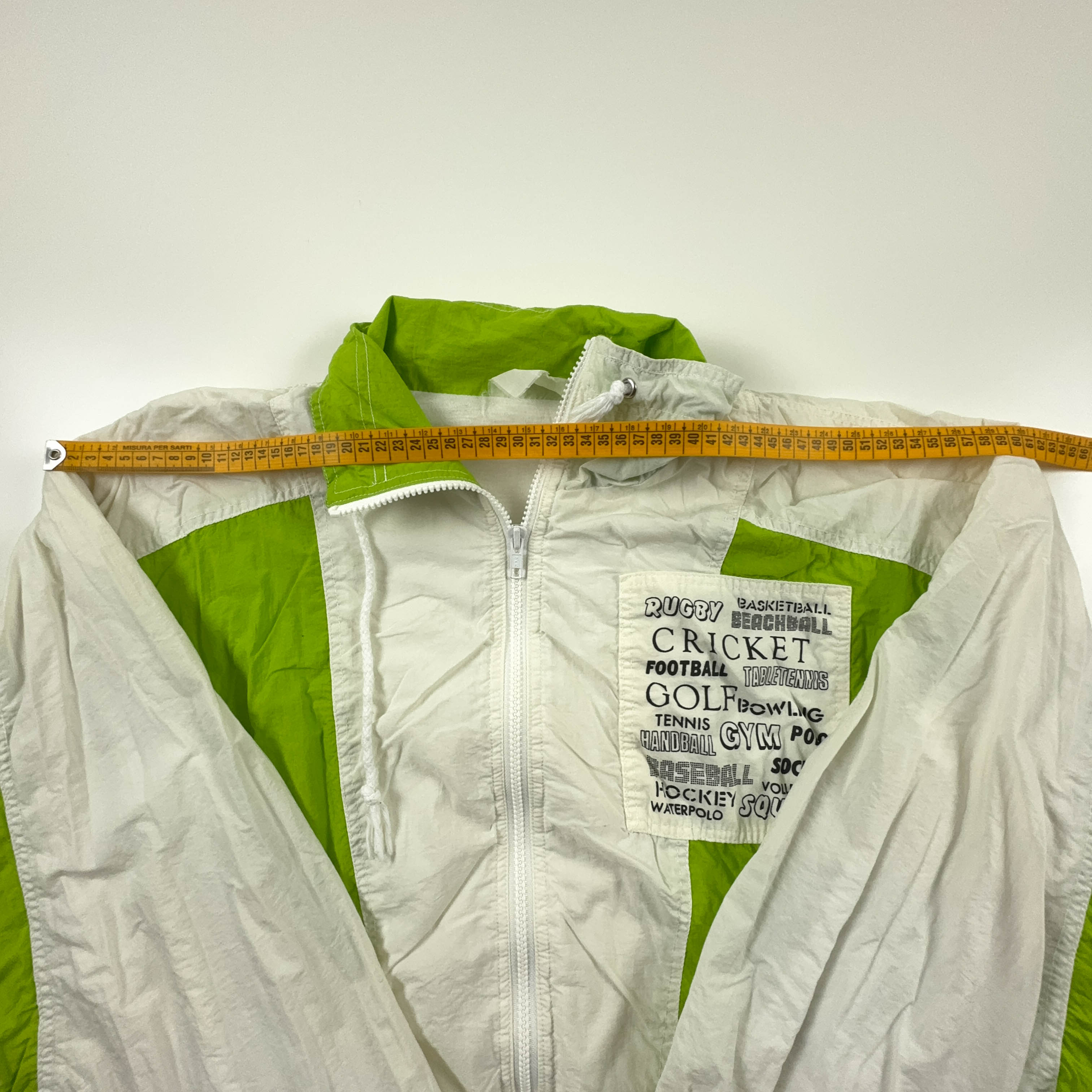 Vintage Cream and Green Windbreaker Jacket with Zip and 80s 90s Patch - Size L Men