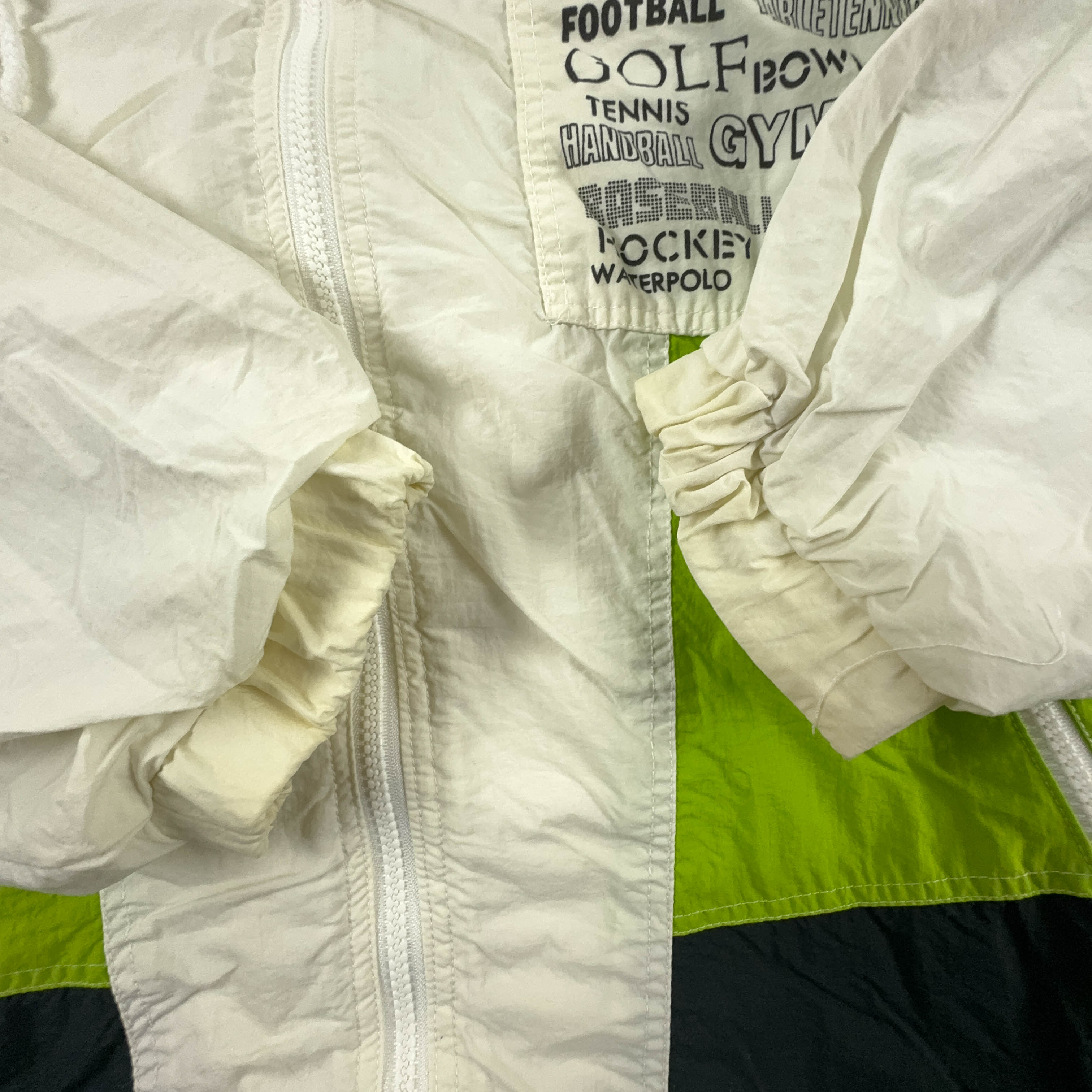 Vintage Cream and Green Windbreaker Jacket with Zip and 80s 90s Patch - Size L Men