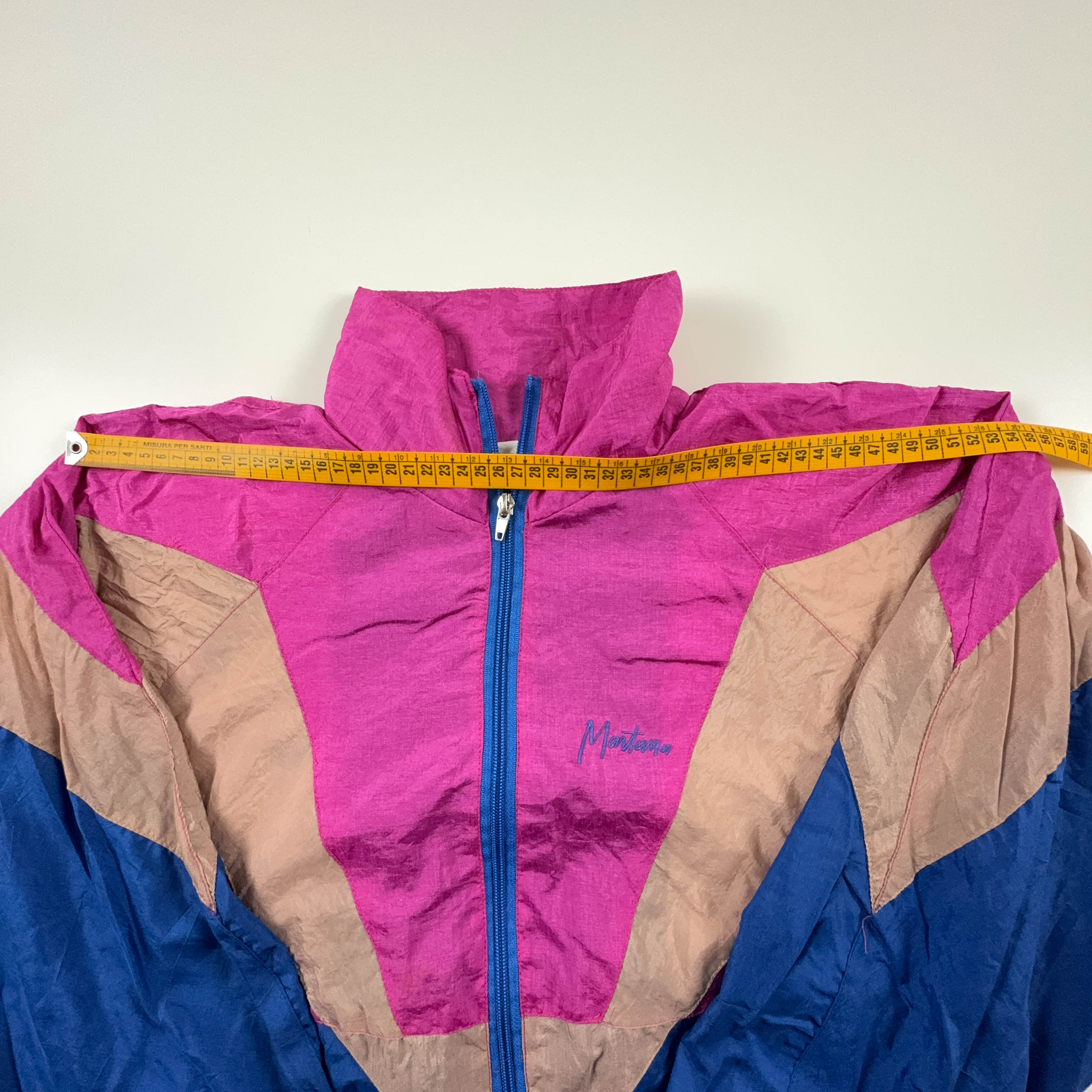 Montana Vintage Blue and Pink Geometric Zip Up Windbreaker Jacket 80s 90s - Size 48 Men