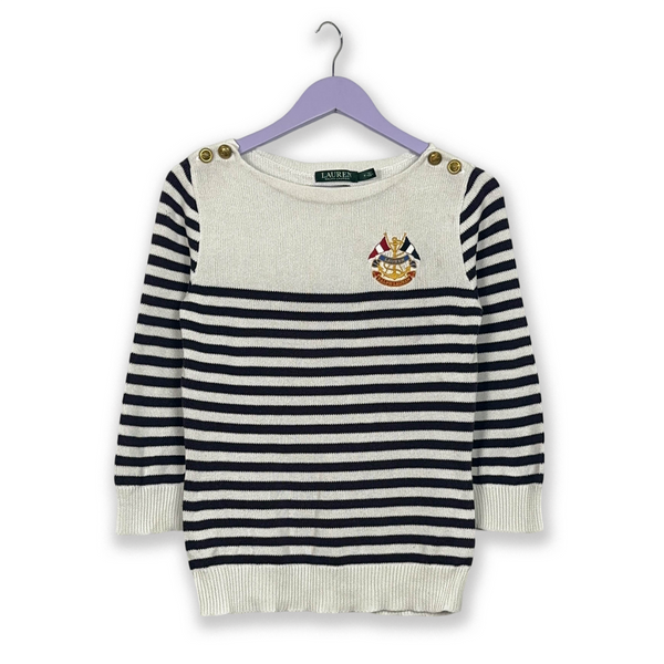 Maglione Ralph Lauren a girocollo a righe bianco e blu con bottoni dorati - Taglia M donna