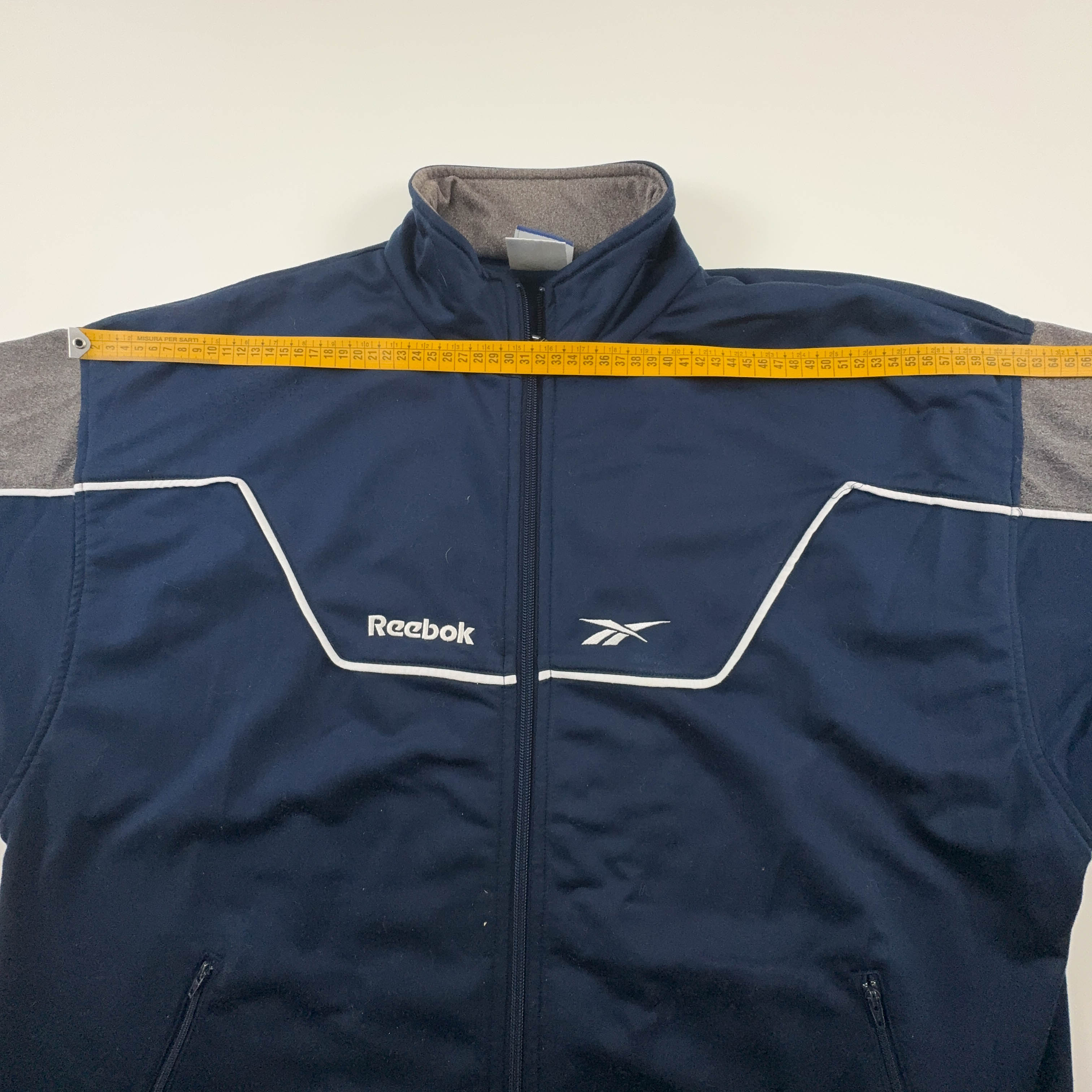 Felpa Reebok Vintage blu e grigia con zip anni 90 - Taglia L/XL uomo