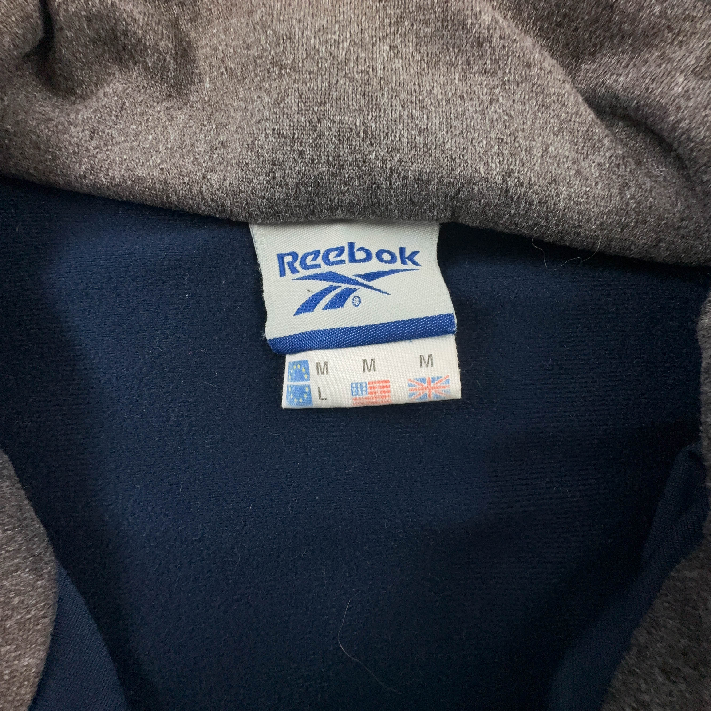 Felpa Reebok Vintage blu e grigia con zip anni 90 - Taglia L/XL uomo