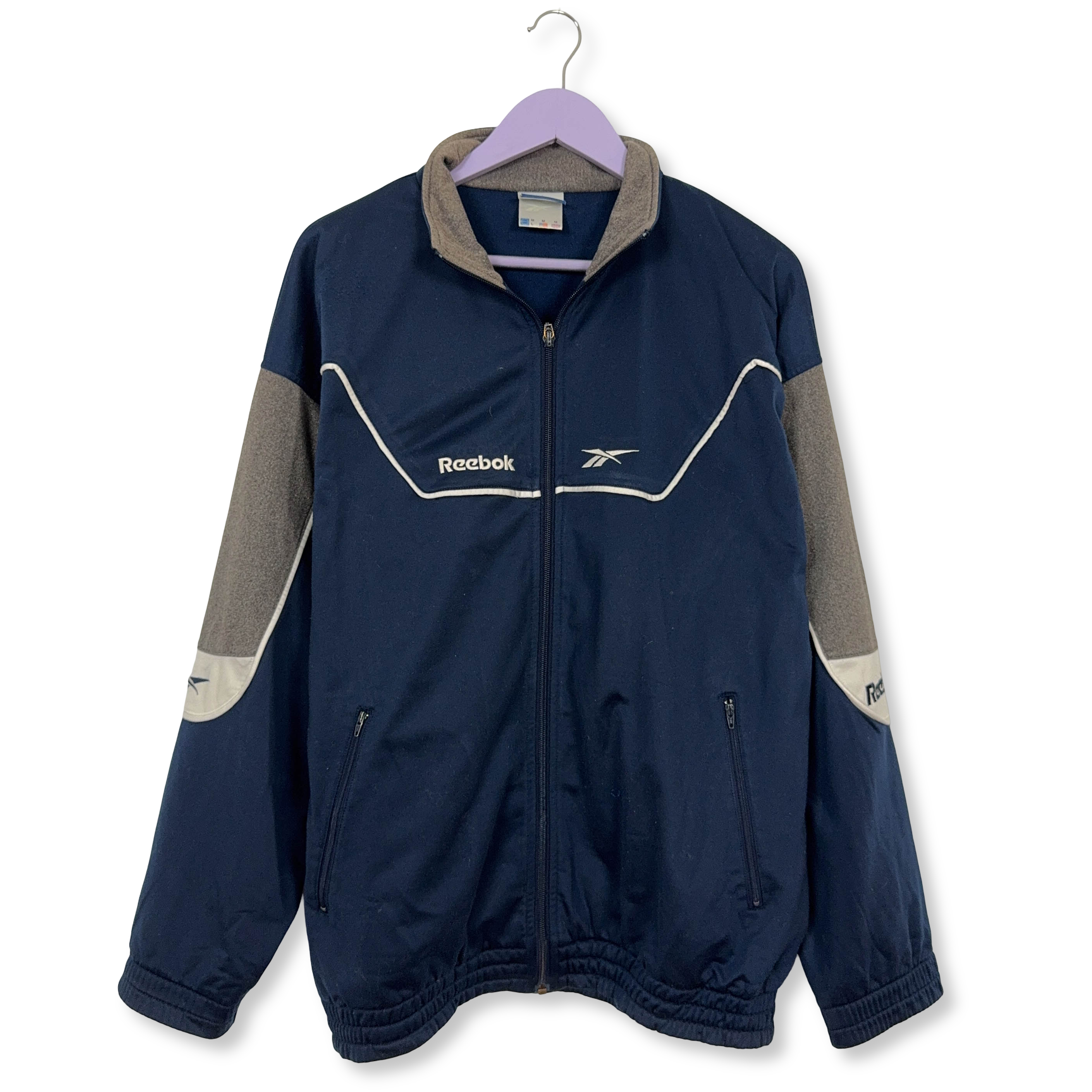 Felpa Reebok Vintage blu e grigia con zip anni 90 - Taglia L/XL uomo