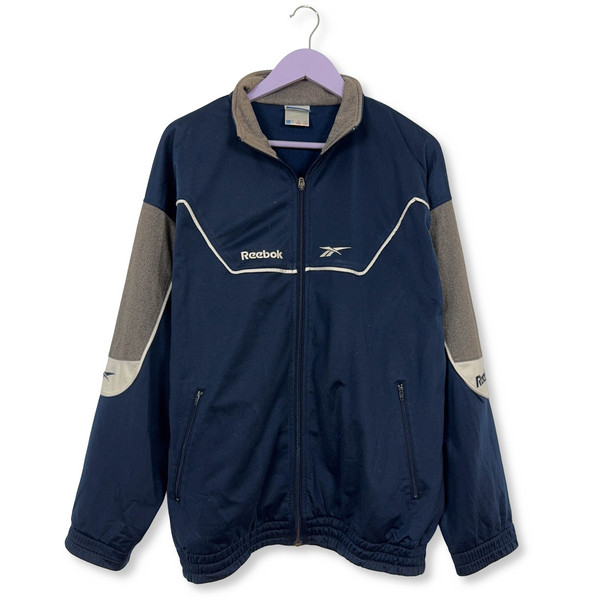 Felpa Reebok Vintage blu e grigia con zip anni 90 - Taglia L/XL uomo