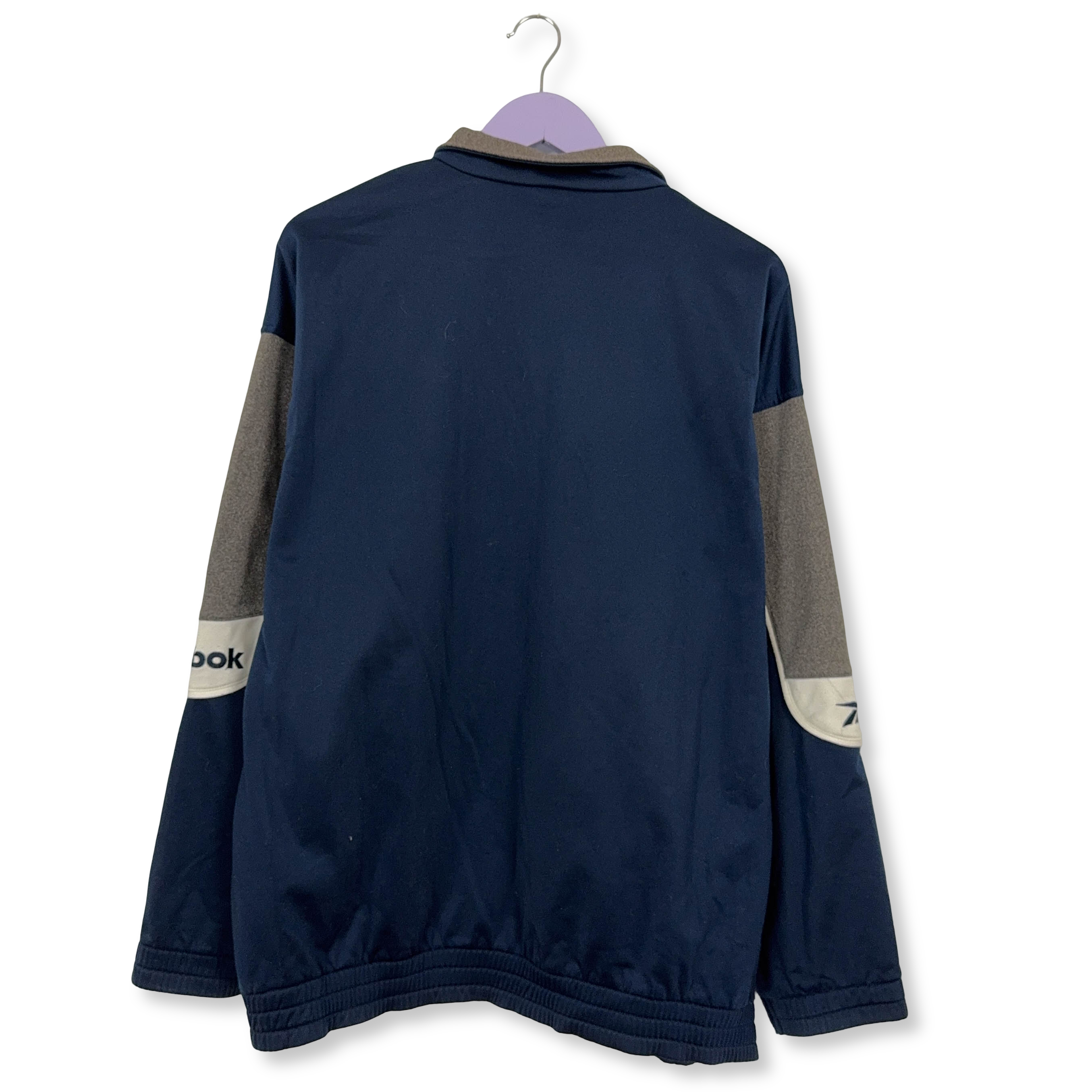 Felpa Reebok Vintage blu e grigia con zip anni 90 - Taglia L/XL uomo