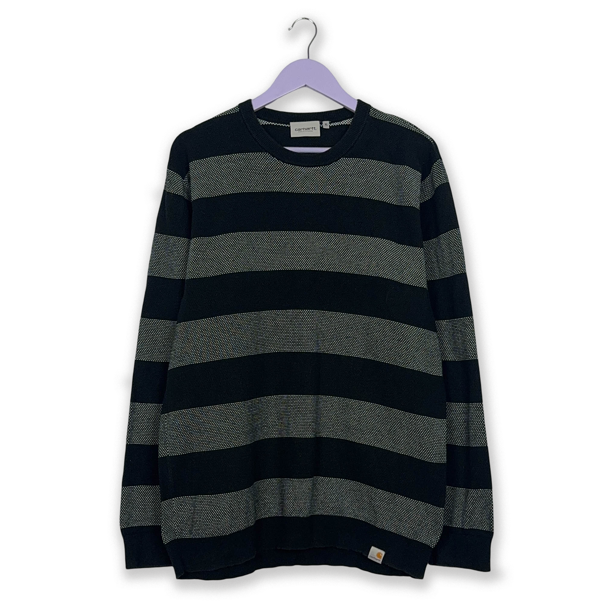 Maglione Carhartt a righe nero e grigio a girocollo in cotone Taglia VintageEcoes