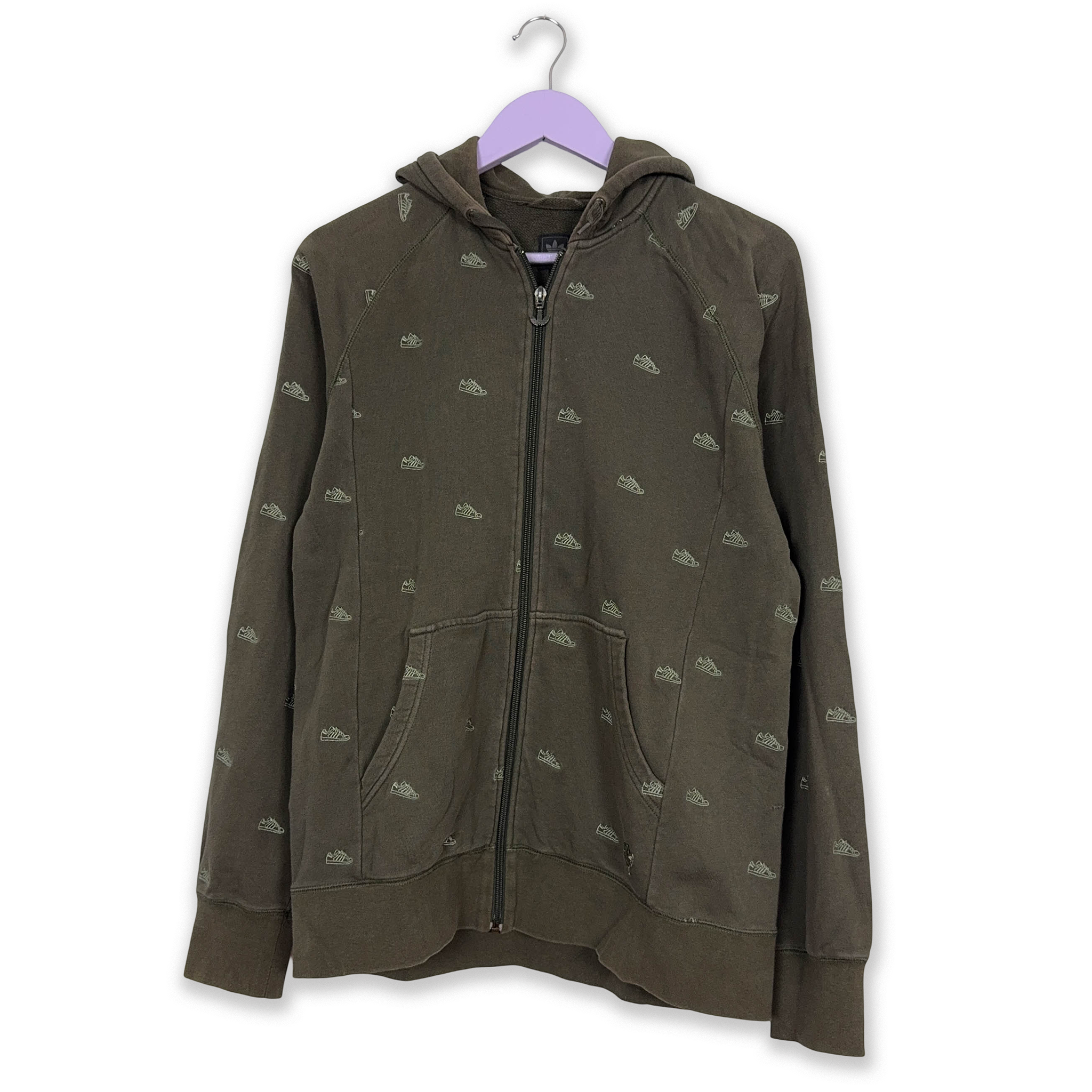 Felpa Adidas Vintage verde cachi con zip e cappuccio e ricami anni 2000 - Taglia 50 uomo