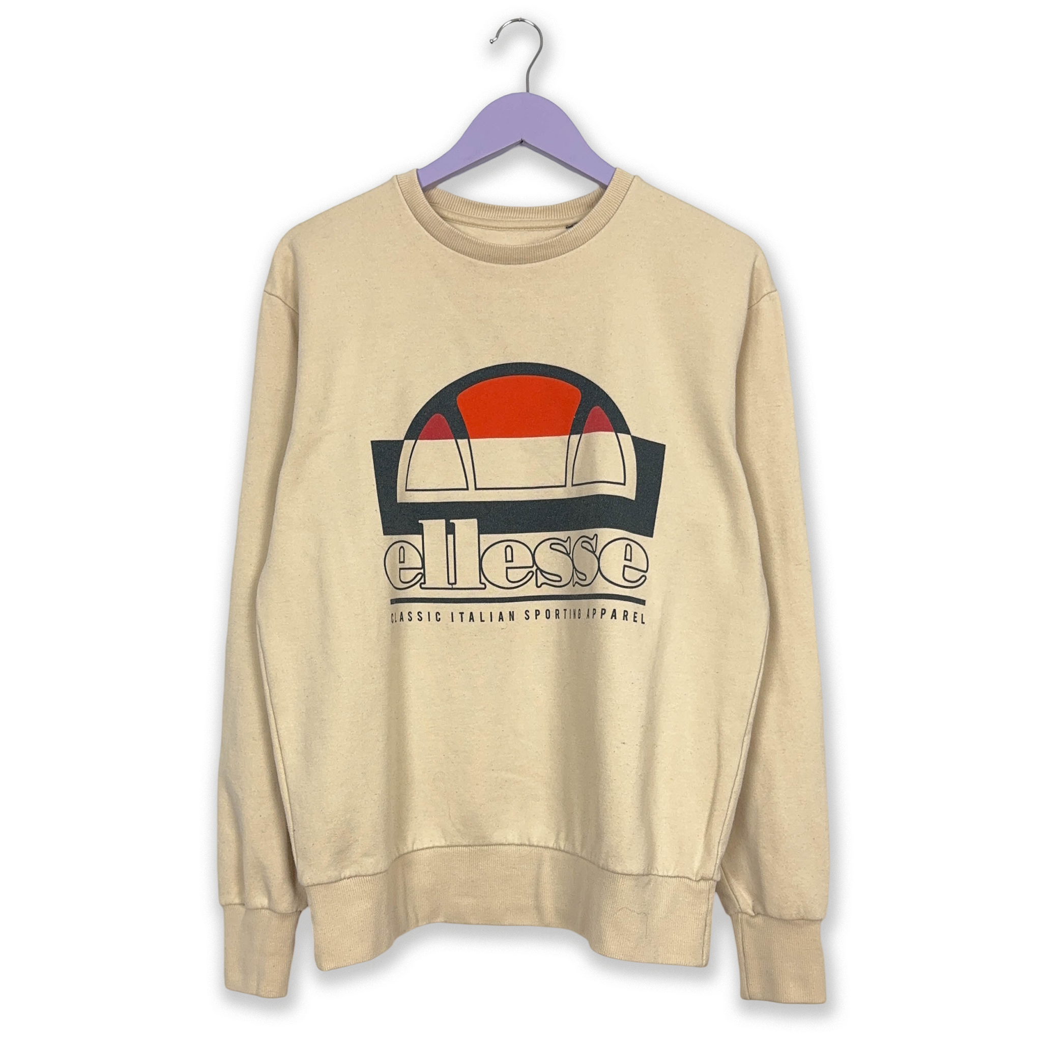 Felpa Ellesse Vintage beige anni 90 con stampa a girocollo - Taglia M/L uomo