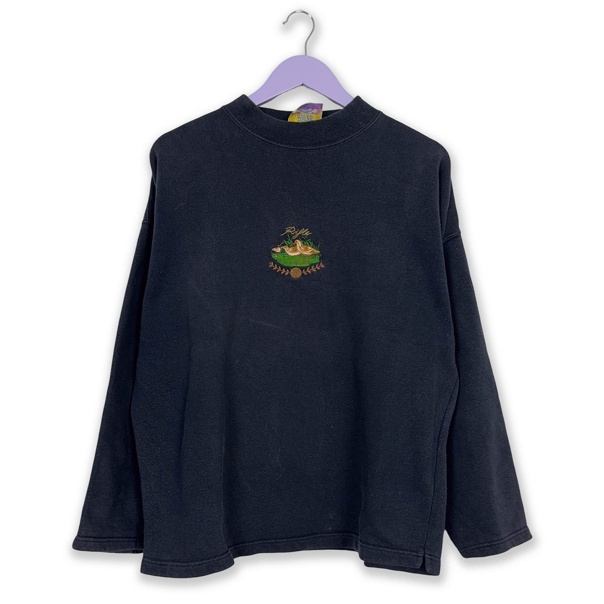 Felpa Rifle Vintage blu scuro a girocollo con ricamo sul fronte anni 90 - Taglia L uomo