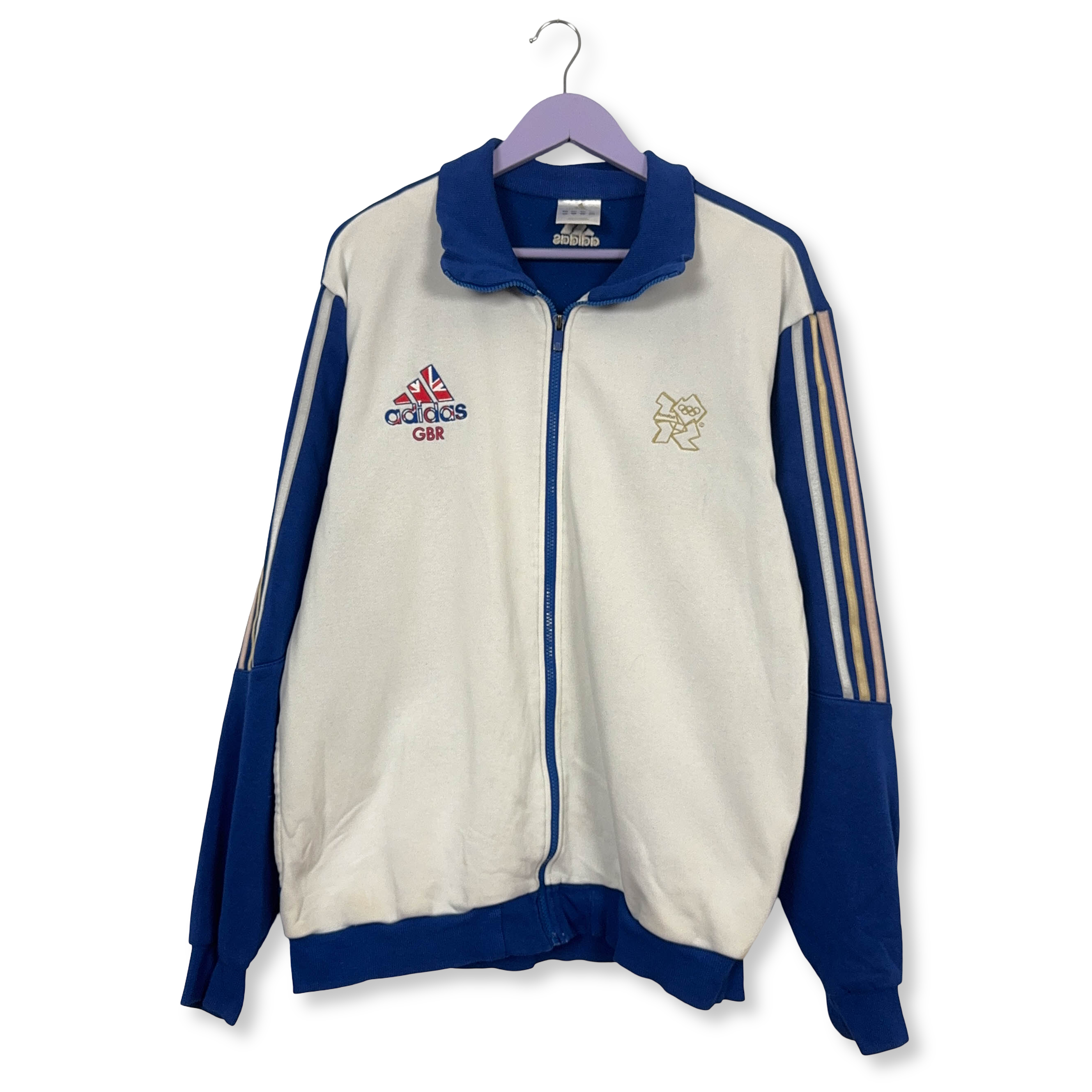 Felpa Adidas GBR bianca e blu con zip 60% cotone - Taglia L/XL uomo