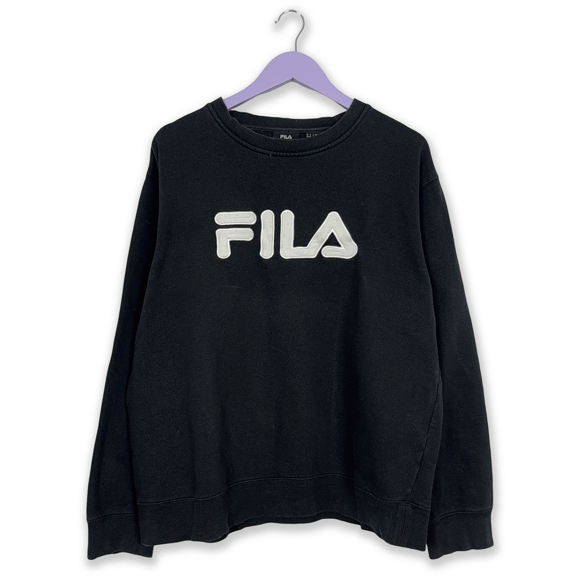 Felpa Fila Vintage nera a girocollo logo bianco ricamato anni 2000 - Taglia XL uomo