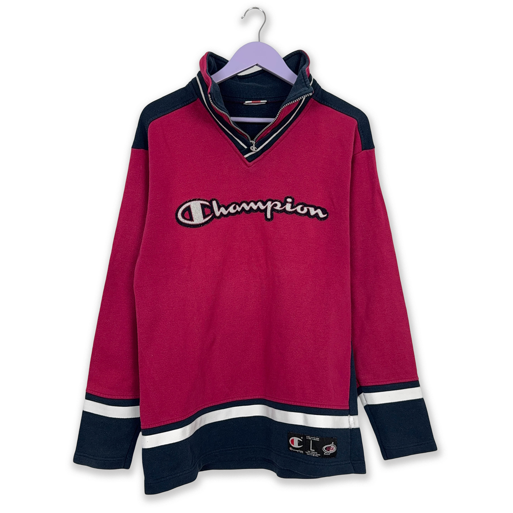Felpa Champion Vintage rossa e blu scuro logo ricamato anni 90 - Taglia L uomo