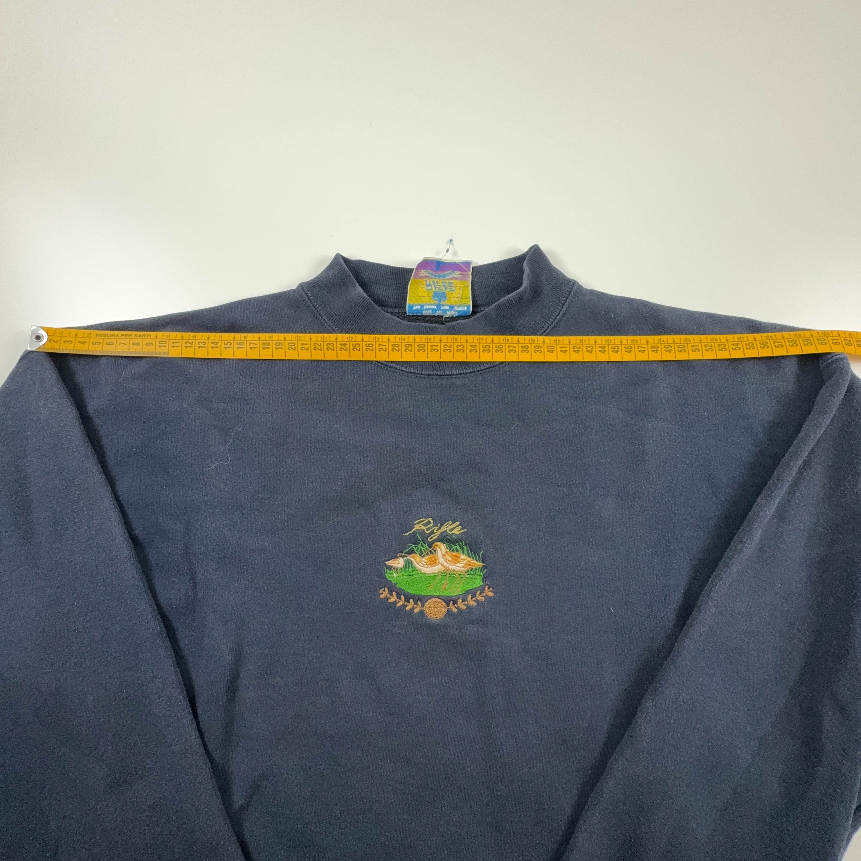 Felpa Rifle Vintage blu scuro a girocollo con ricamo sul fronte anni 90 - Taglia L uomo