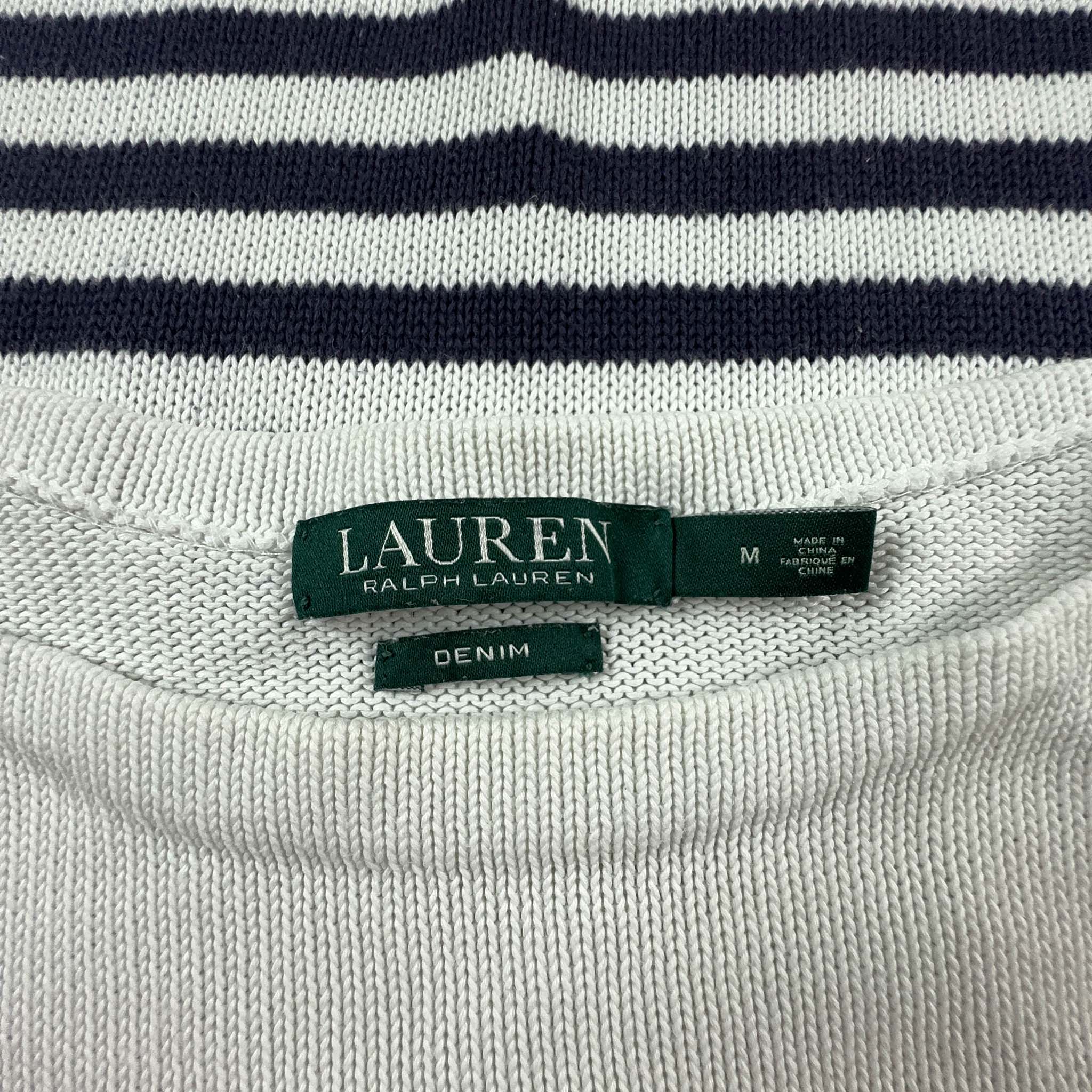 Maglione Ralph Lauren a girocollo a righe bianco e blu con bottoni dorati - Taglia M donna