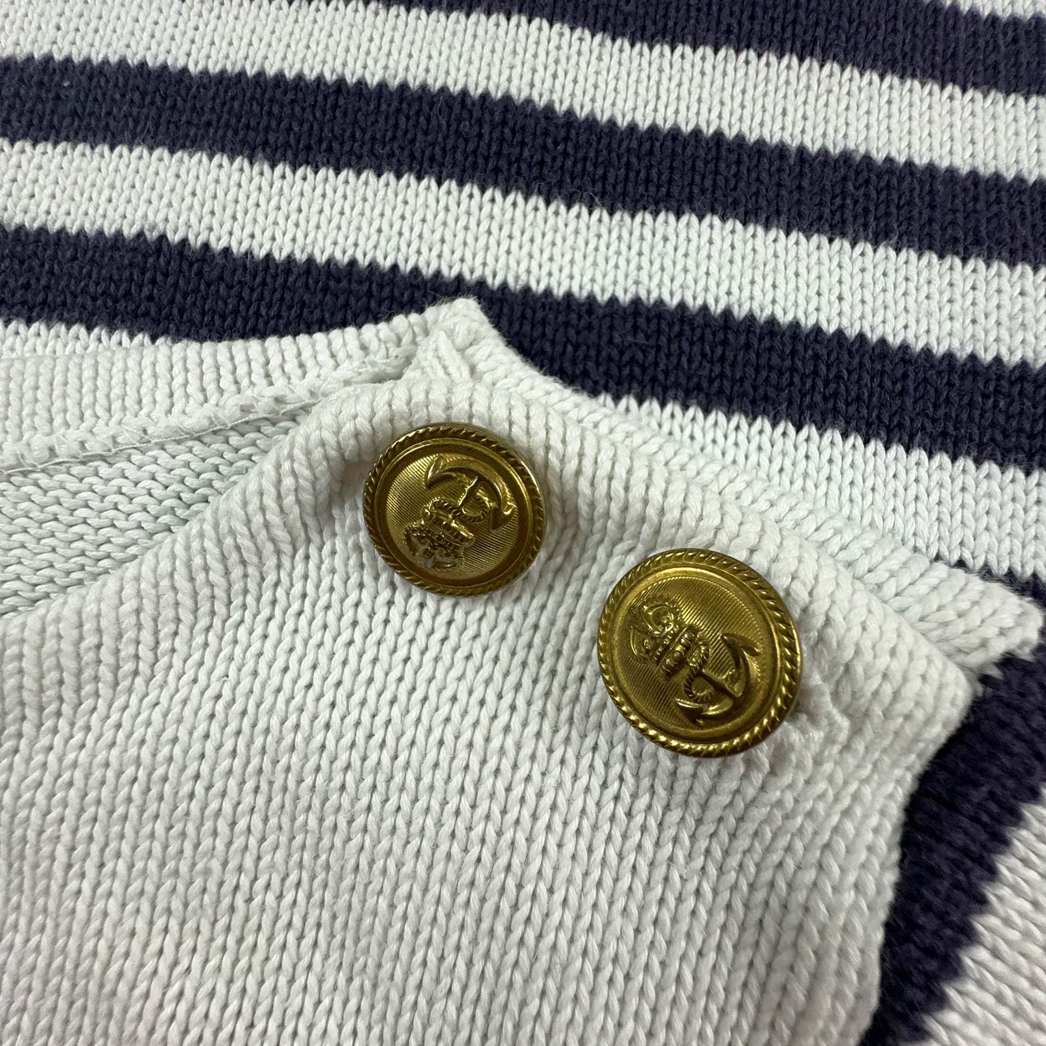 Maglione Ralph Lauren a girocollo a righe bianco e blu con bottoni dorati - Taglia M donna