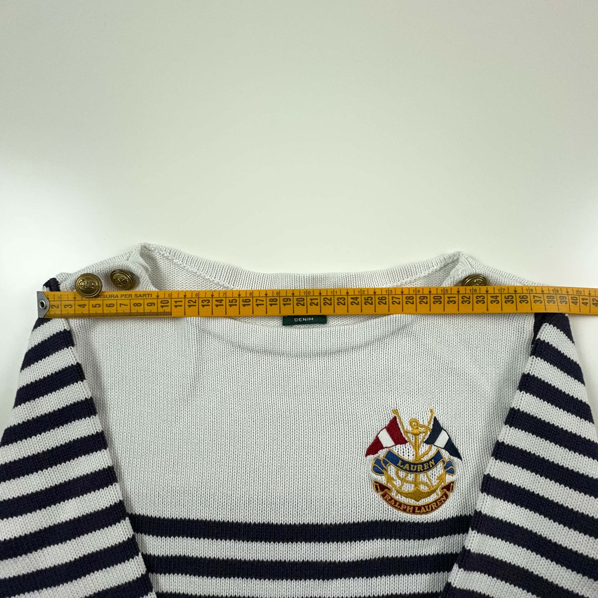 Maglione Ralph Lauren a girocollo a righe bianco e blu con bottoni dorati - Taglia M donna