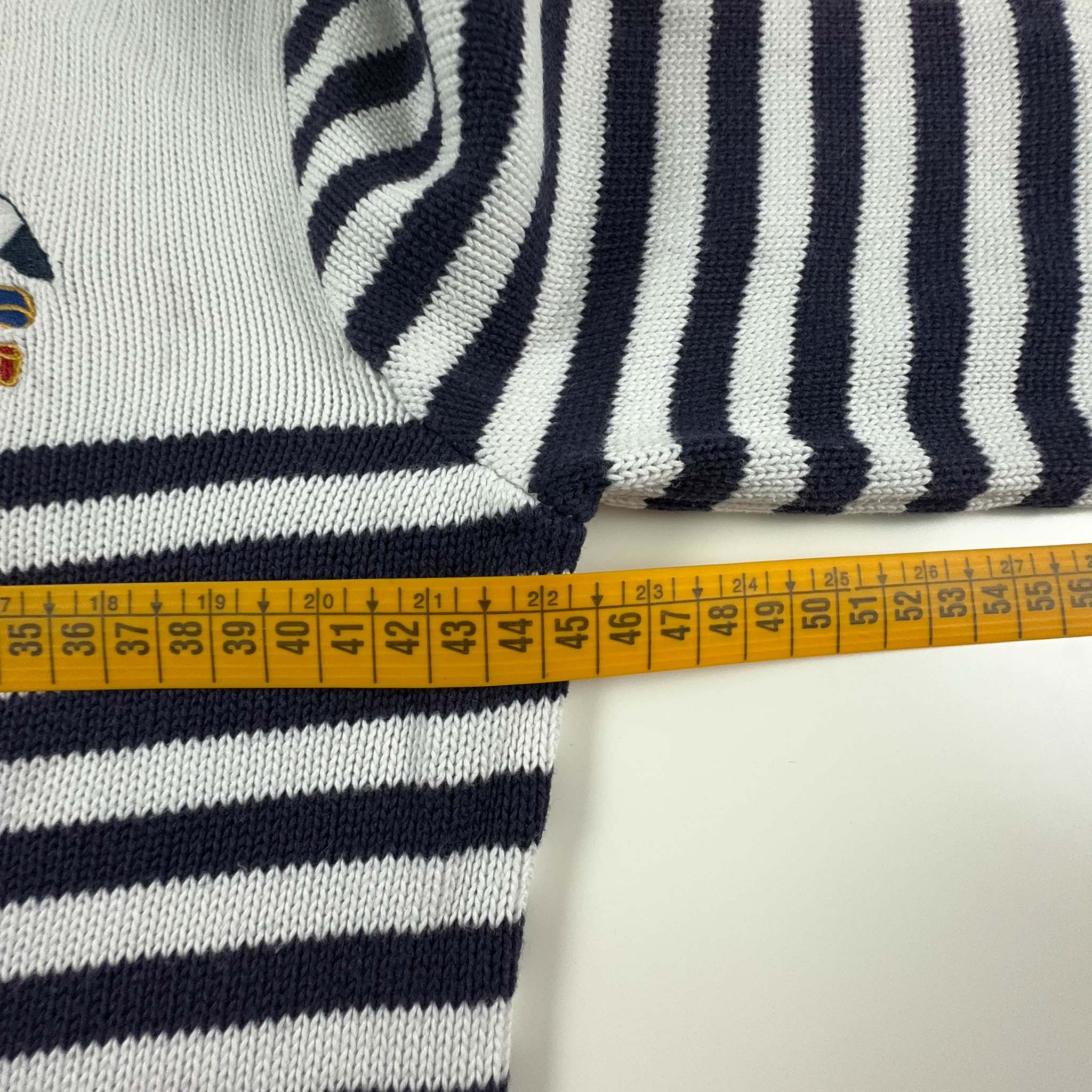 Maglione Ralph Lauren a girocollo a righe bianco e blu con bottoni dorati - Taglia M donna