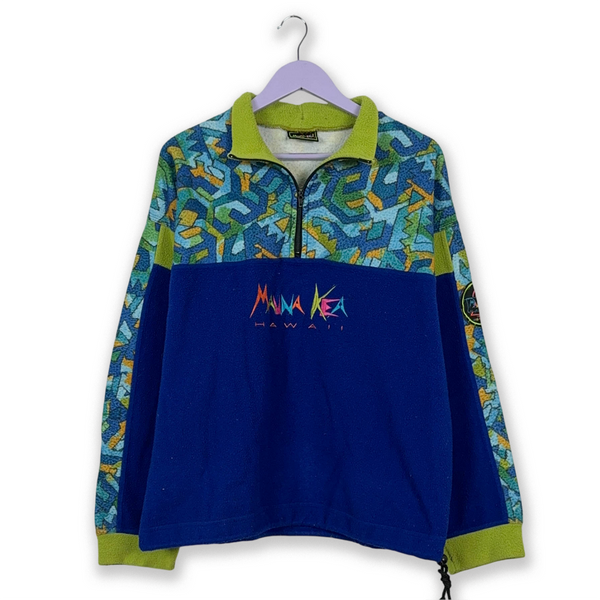 Pile Mauna Kea Vintage blu e verde a fantasia con zip anni 80 - Taglia L uomo