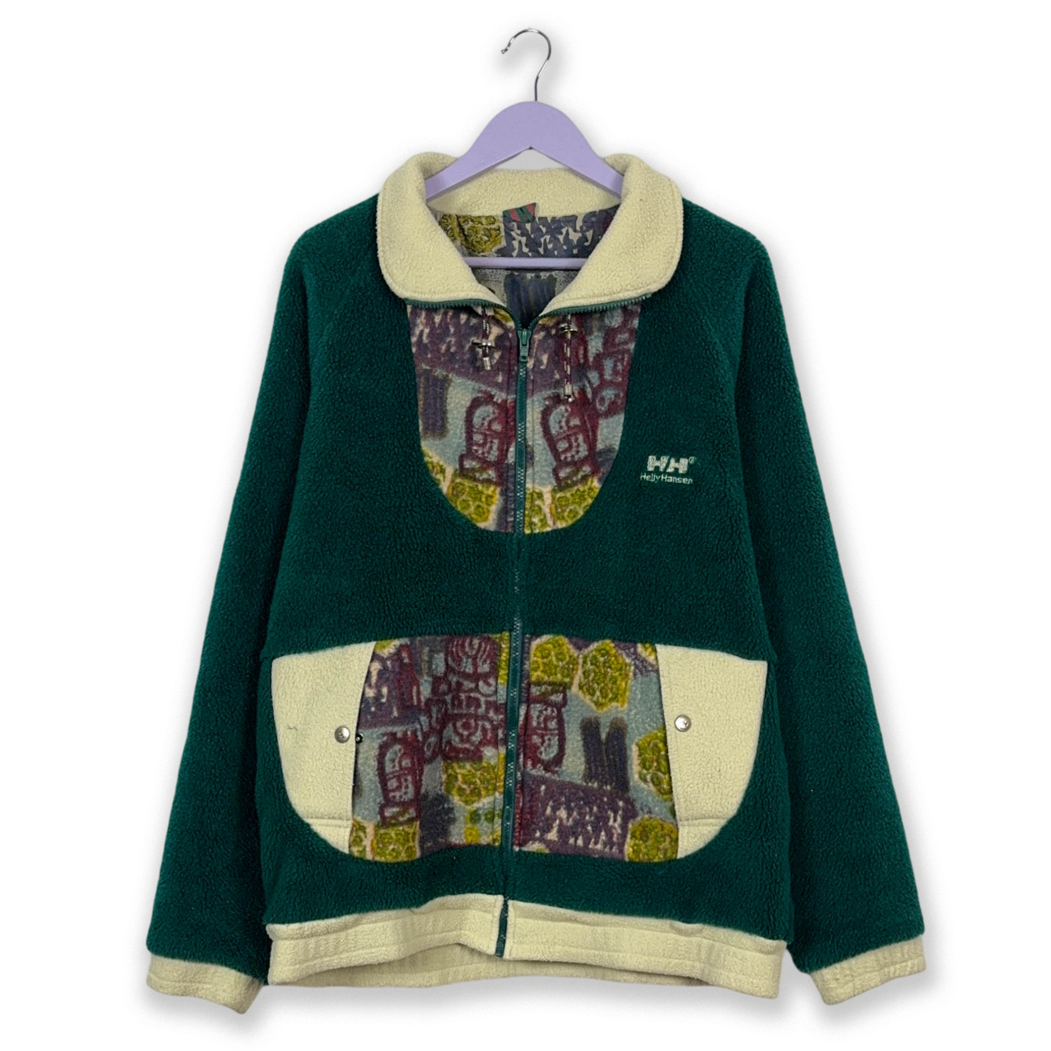 Pile Helly Hansen Vintage foderato verde e panna fantasia con zip anni 80 - Taglia M/L uomo