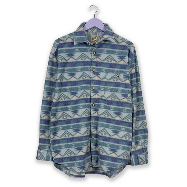 Pile Camicia Vintage a fantasia azzurro con bottoni anni 80 - Taglia M/L uomo