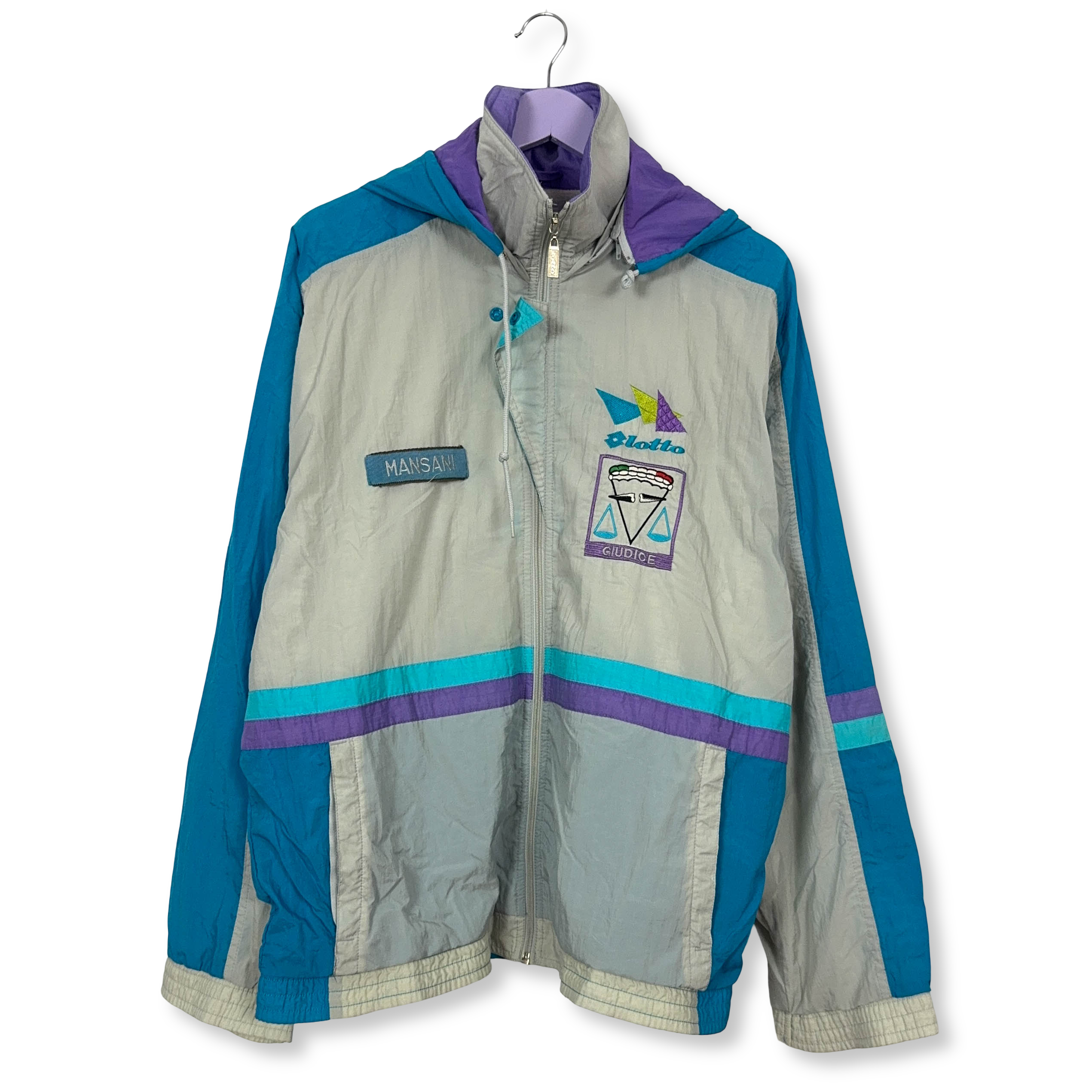 Giacca a vento Lotto Vintage bianca e azzurra con ricamo e zip anni 90 - Taglia XL uomo