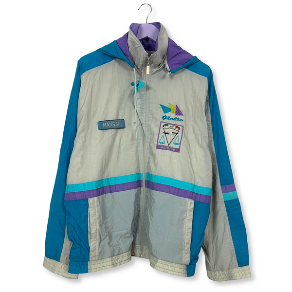 Giacca a vento Lotto Vintage bianca e azzurra con ricamo e zip anni 90 - Taglia XL uomo