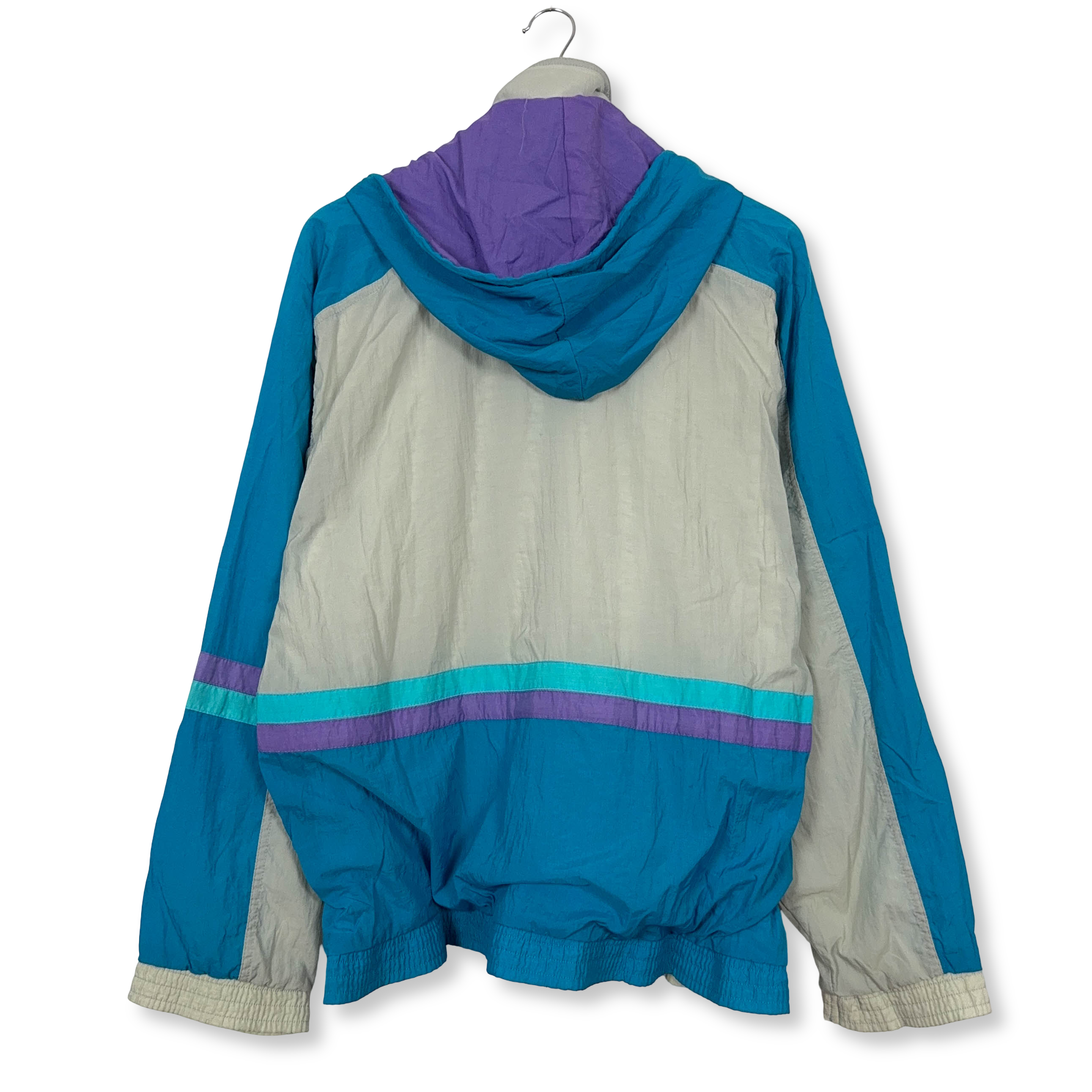 Giacca a vento Lotto Vintage bianca e azzurra con ricamo e zip anni 90 - Taglia XL uomo