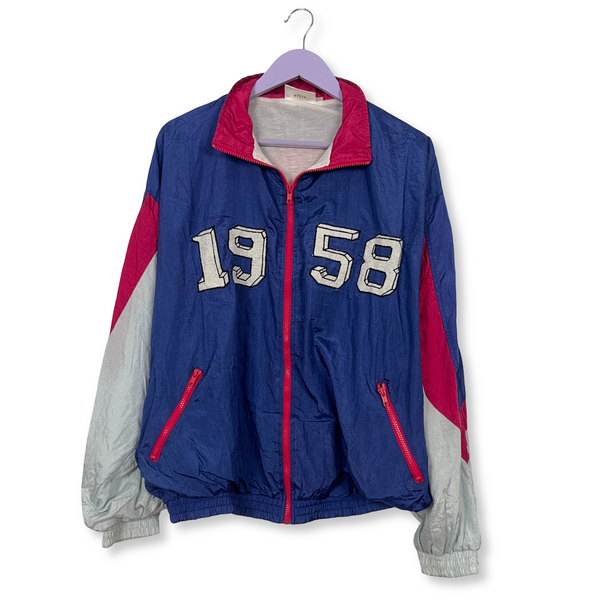 Giacca a vento Vintage blu e rosa con ricamo e zip anni 90 - Taglia 7 uomo