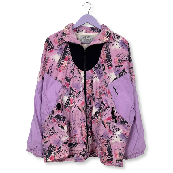 Giacca a vento Vintage viola con fantasia all over e zip anni 90 - Taglia 44 uomo