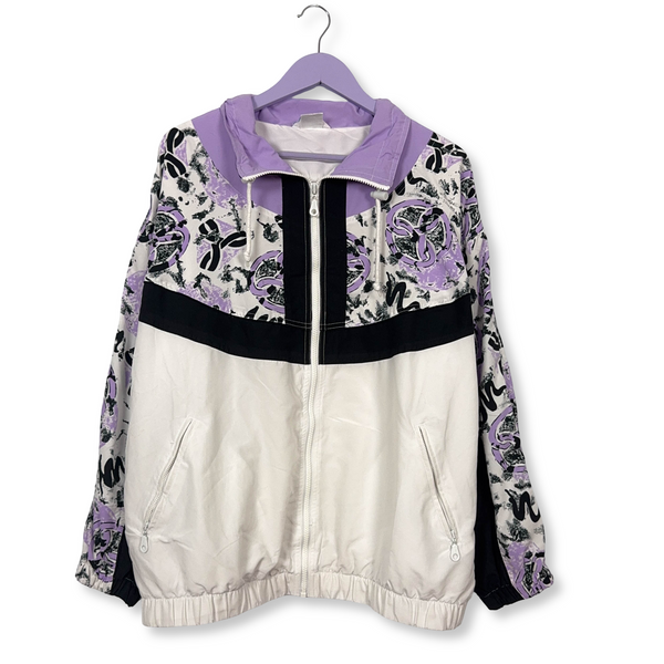 Giacca a vento Rodeo Vintage bianca e lillà a fantasia con zip anni 90 - Taglia L/XL uomo