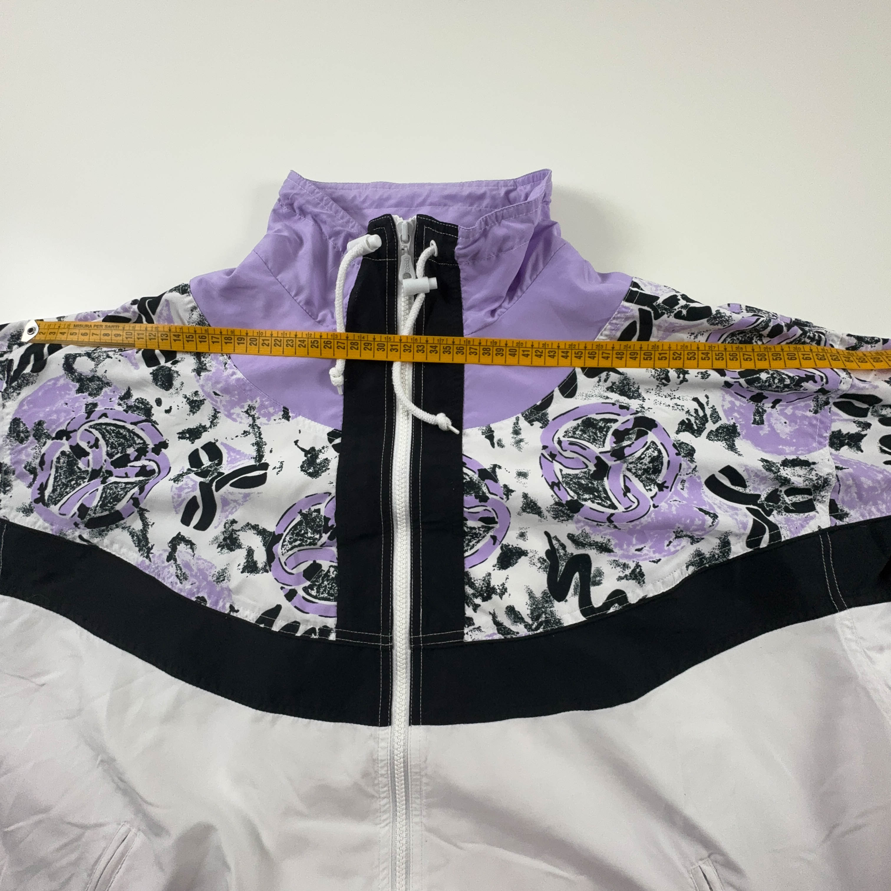 Giacca a vento Rodeo Vintage bianca e lillà a fantasia con zip anni 90 - Taglia L/XL uomo