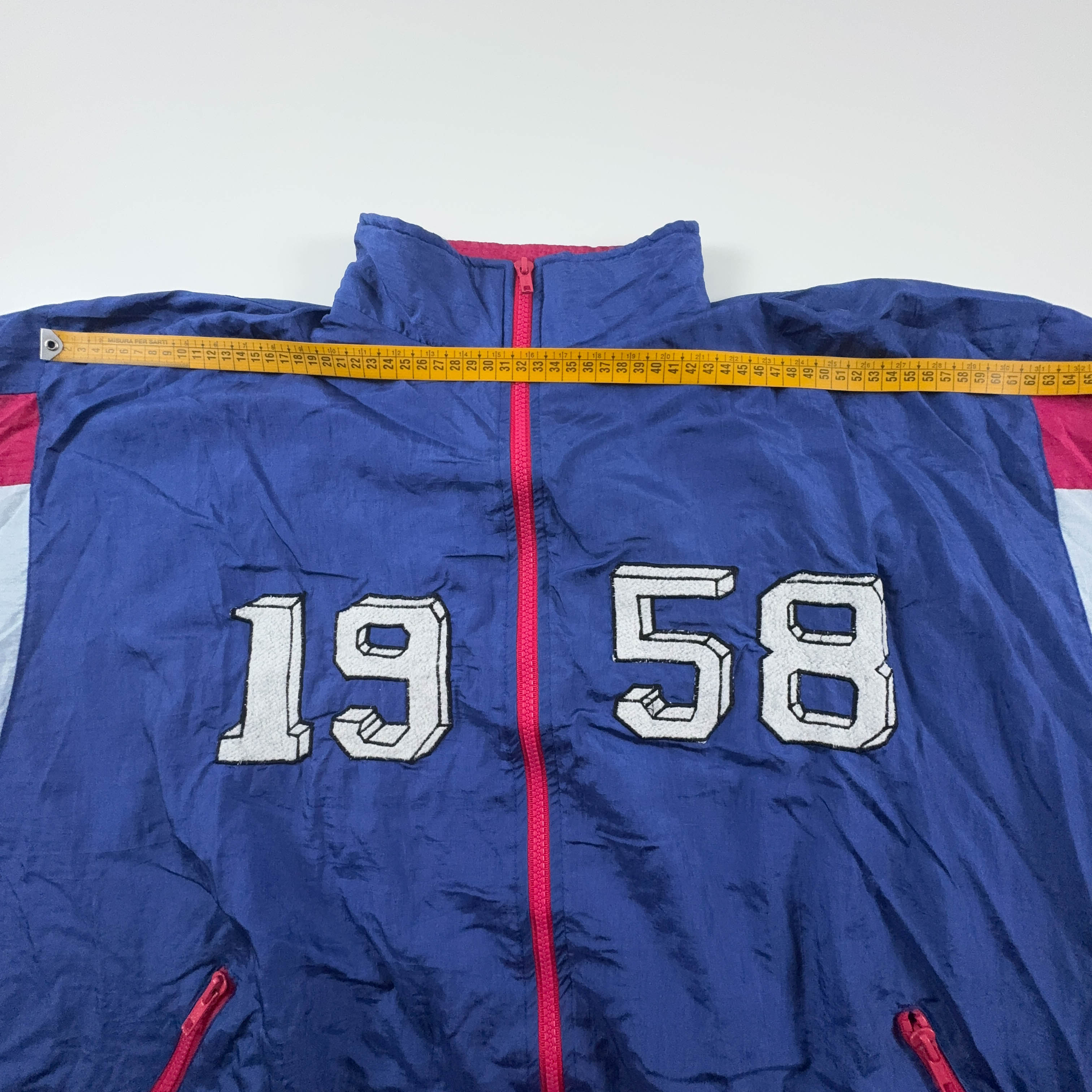 Giacca a vento Vintage blu e rosa con ricamo e zip anni 90 - Taglia 7 uomo