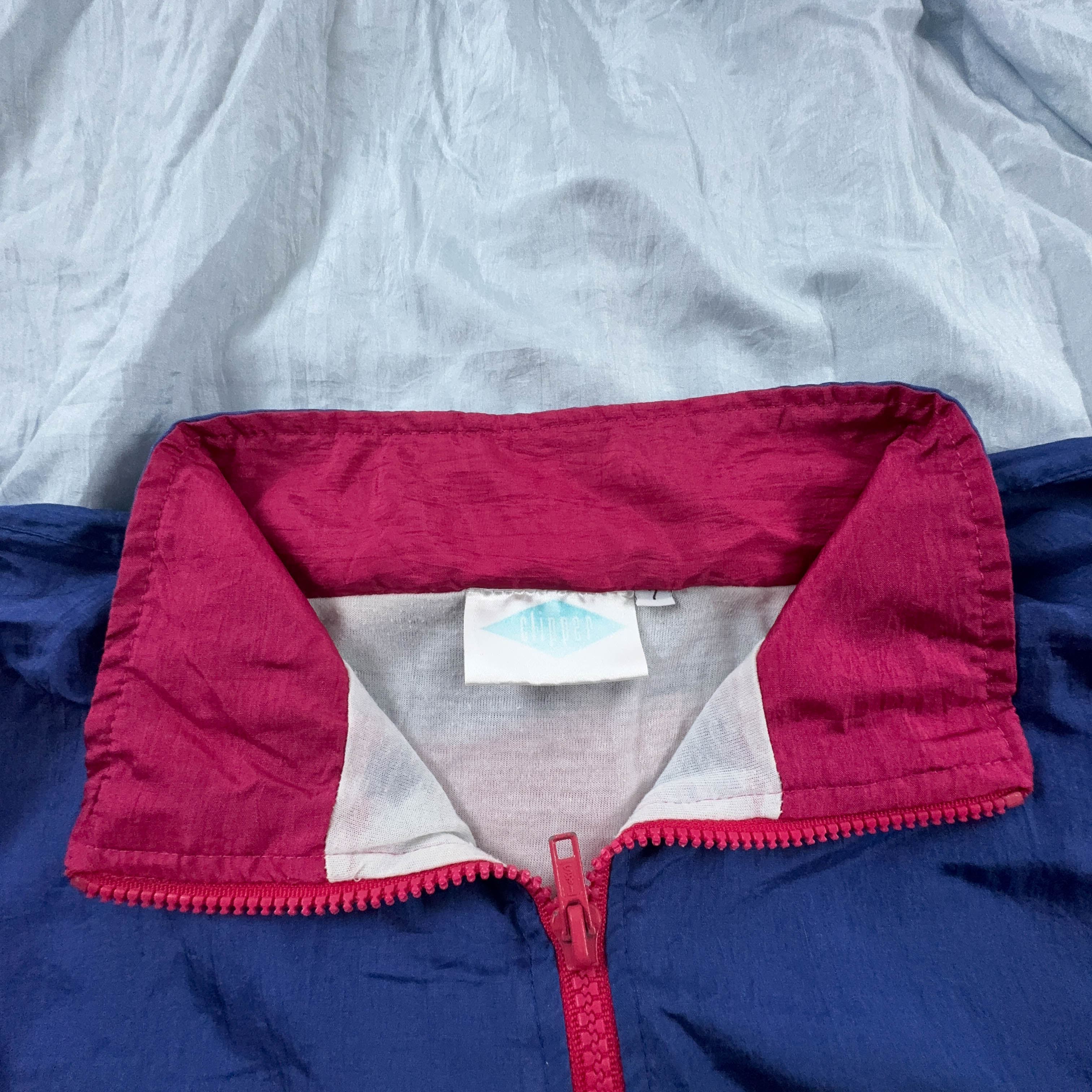 Giacca a vento Vintage blu e rosa con ricamo e zip anni 90 - Taglia 7 uomo