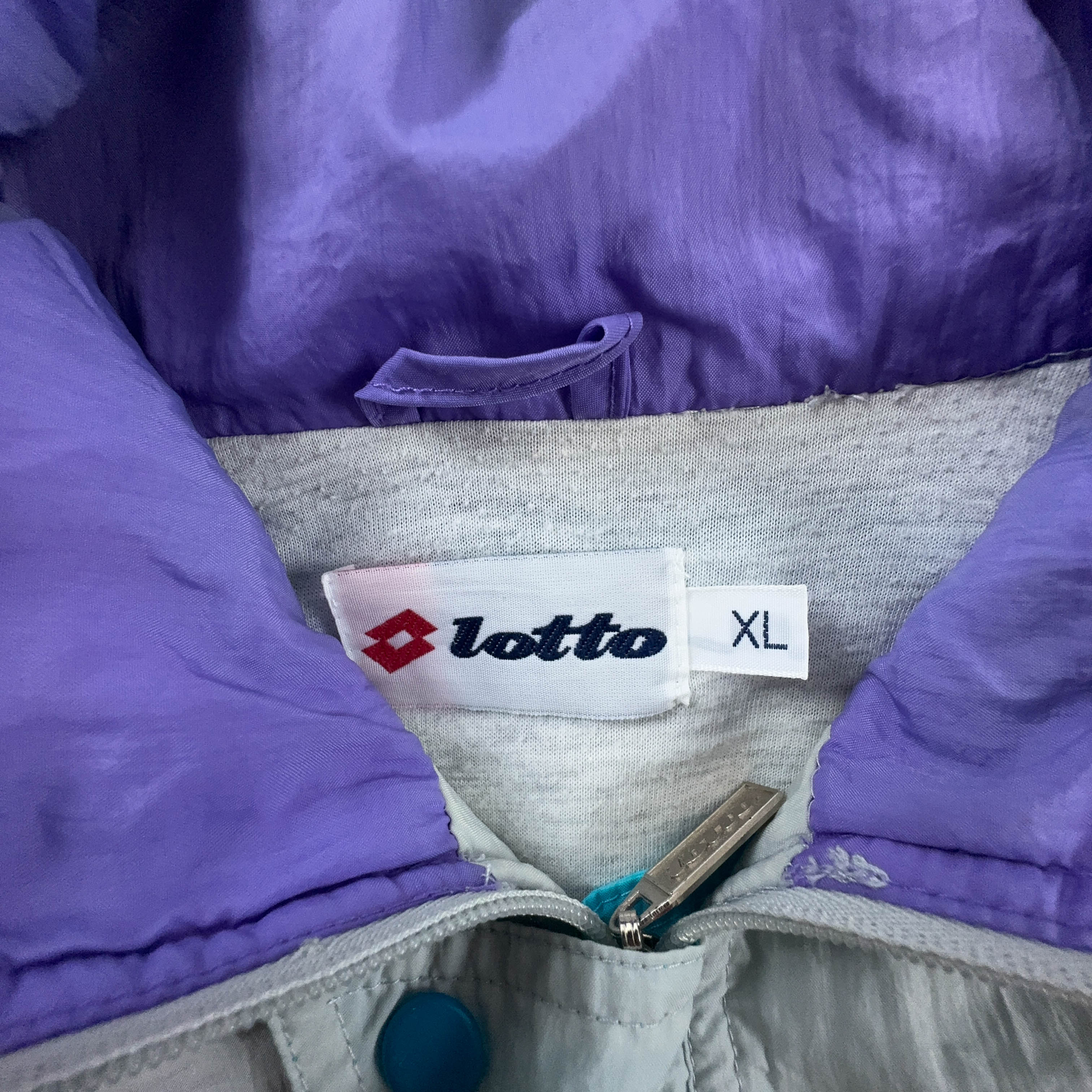 Giacca a vento Lotto Vintage bianca e azzurra con ricamo e zip anni 90 - Taglia XL uomo