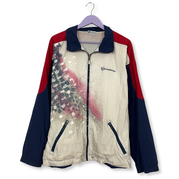 Giacca a vento Vintage Sergio Tacchini bianca e blu con zip anni 90 - Taglia XL uomo
