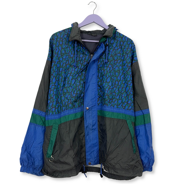 Giacca a vento blu e nera a fantasia con zip e bottoni - Taglia XL/XXL uomo