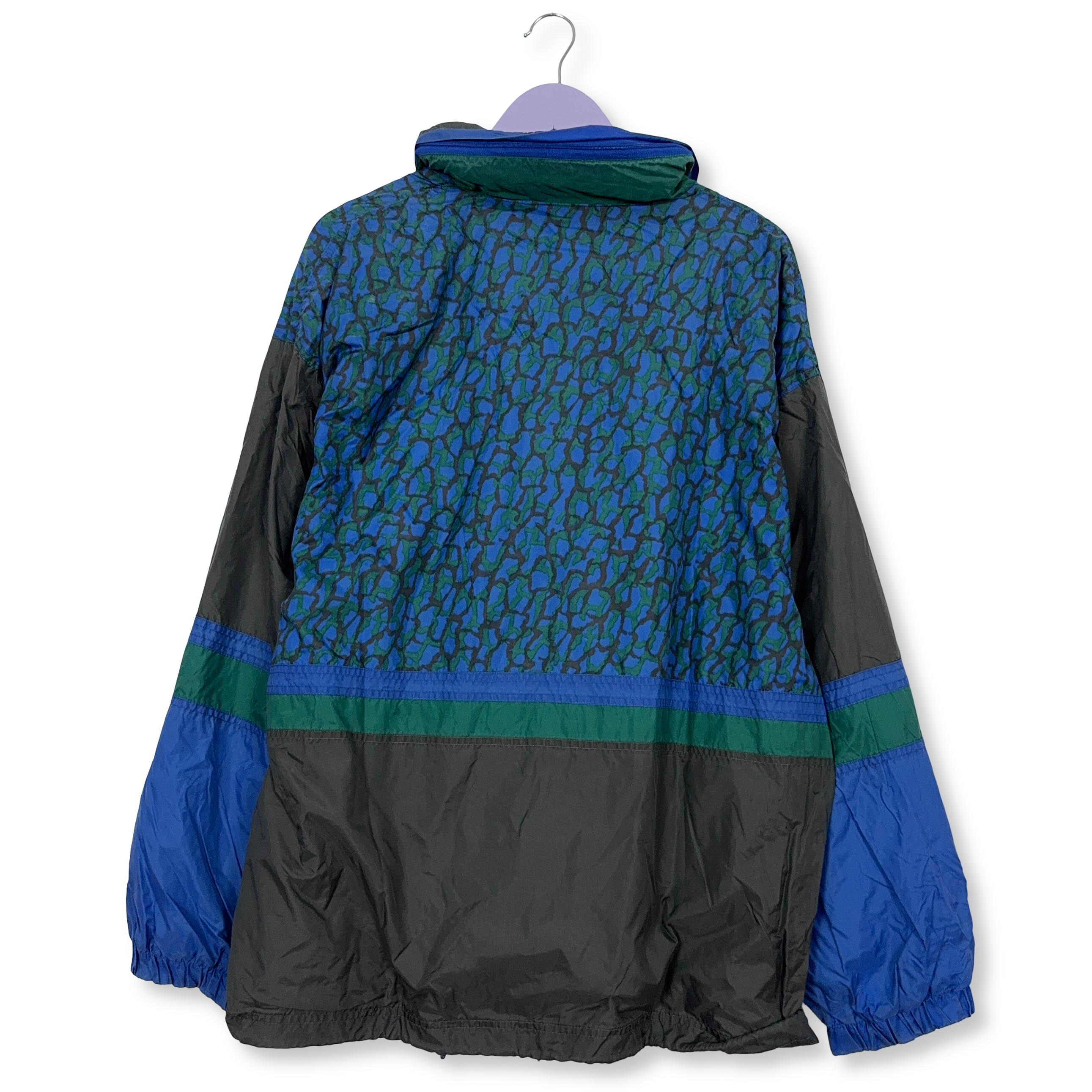 Giacca a vento blu e nera a fantasia con zip e bottoni - Taglia XL/XXL uomo