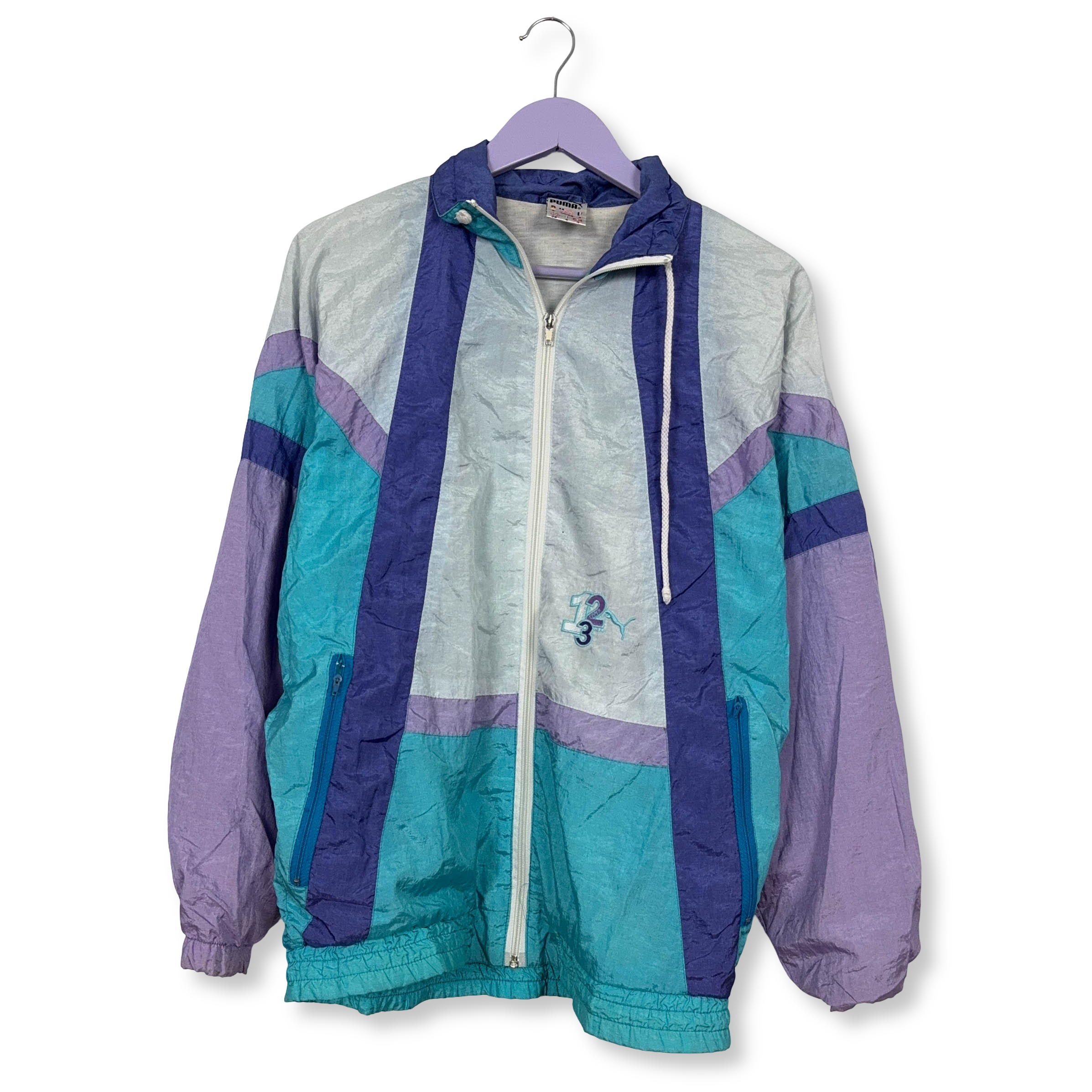 Giacca a vento Puma Vintage azzurra e viola con zip anni 80 - Taglia M uomo