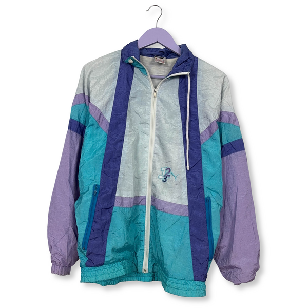 Giacca a vento Puma Vintage azzurra e viola con zip anni 80 - Taglia M uomo