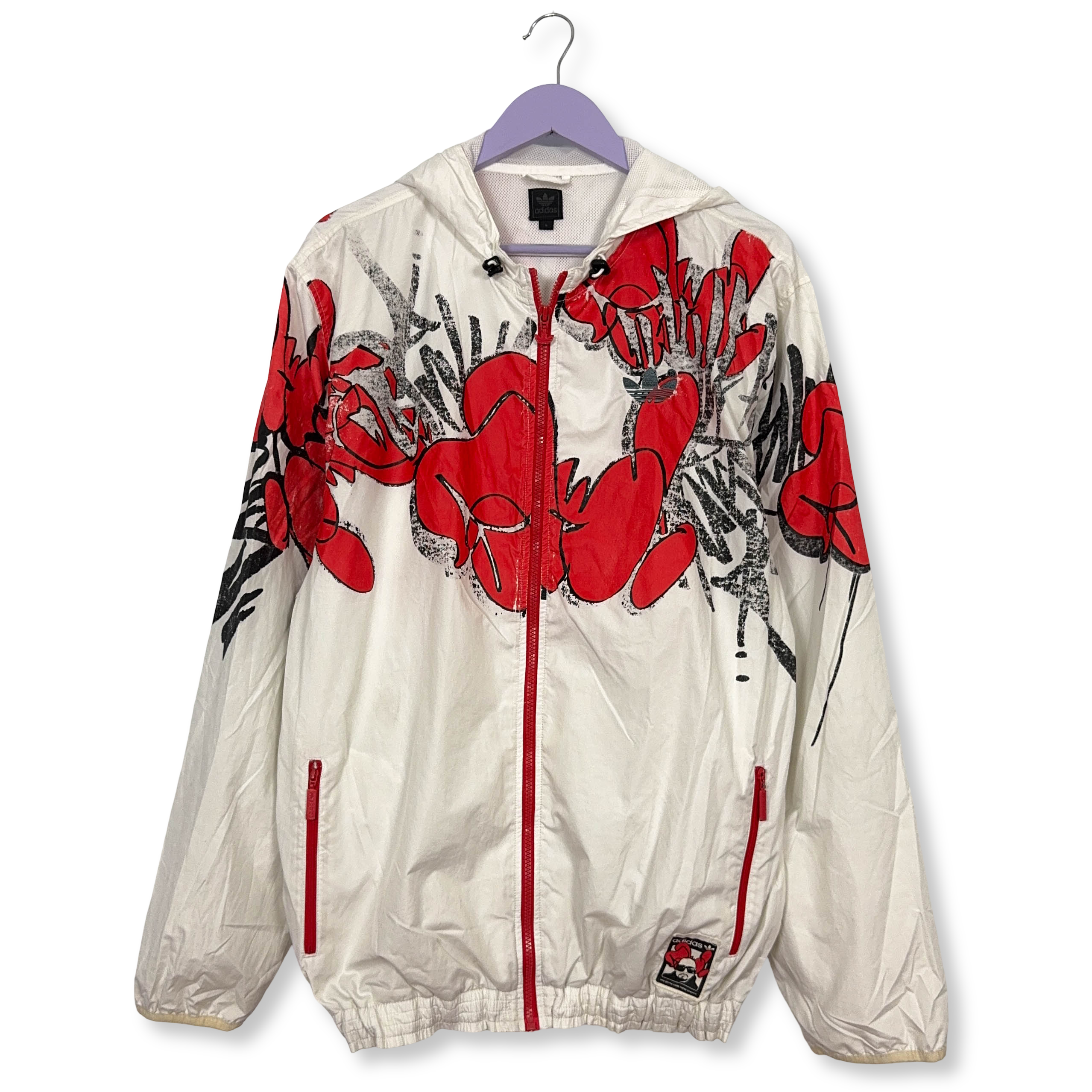 Giacca a vento Adidas Vintage bianca con stampa all over e zip anni 00 - Taglia L uomo