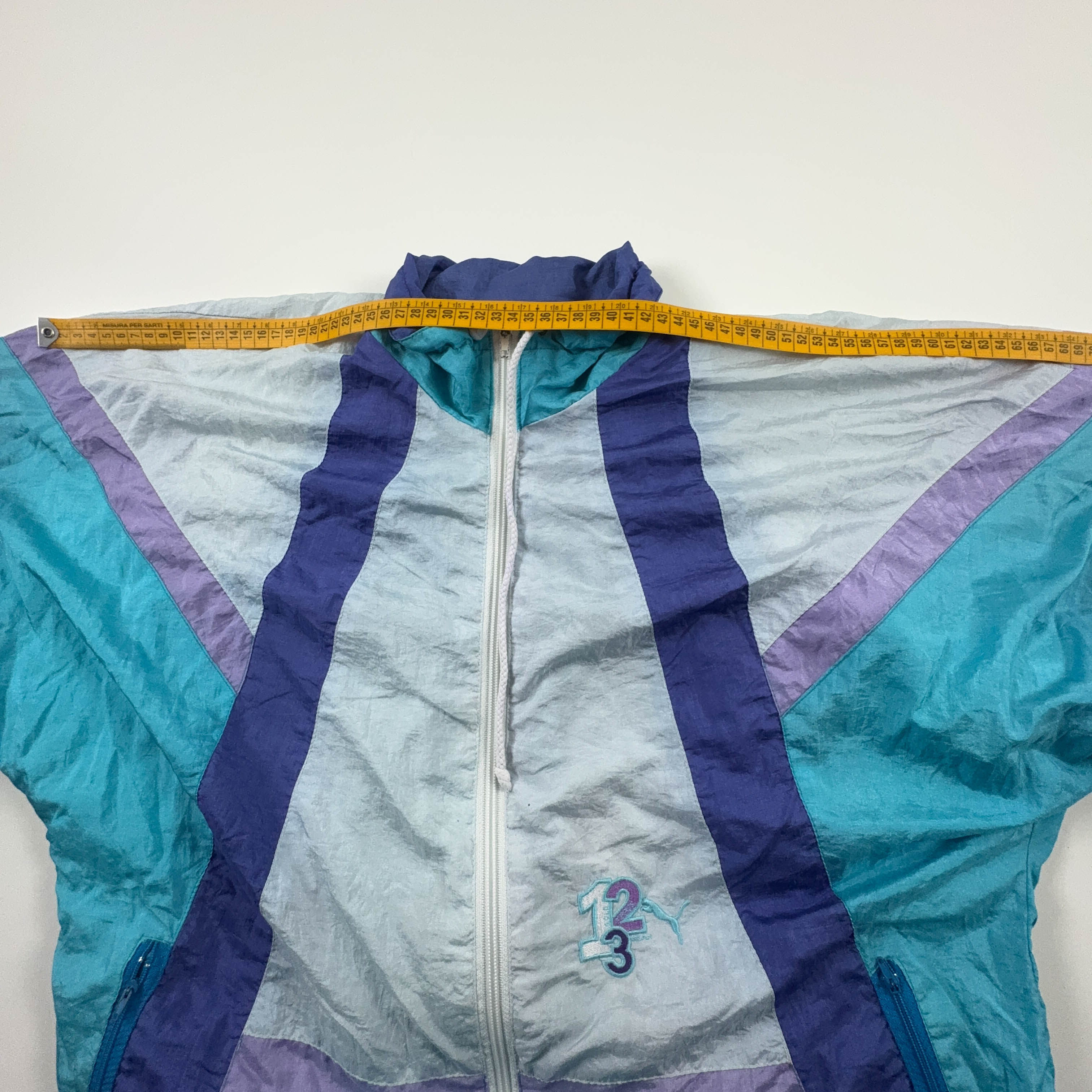 Giacca a vento Puma Vintage azzurra e viola con zip anni 80 - Taglia M uomo