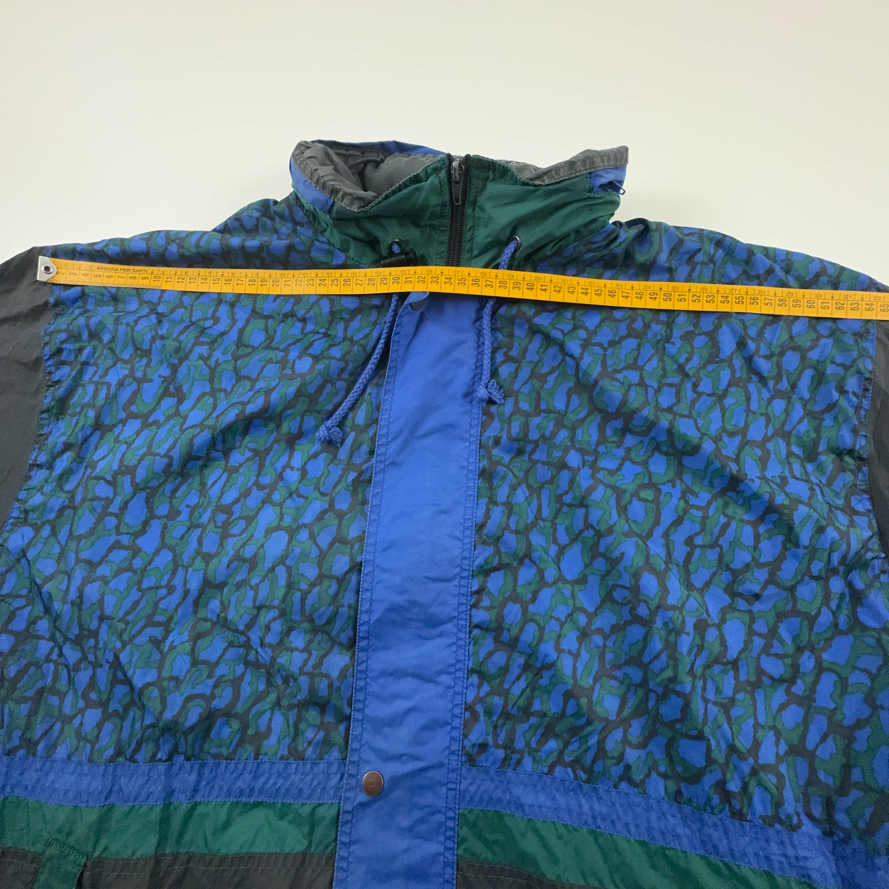 Giacca a vento blu e nera a fantasia con zip e bottoni - Taglia XL/XXL uomo