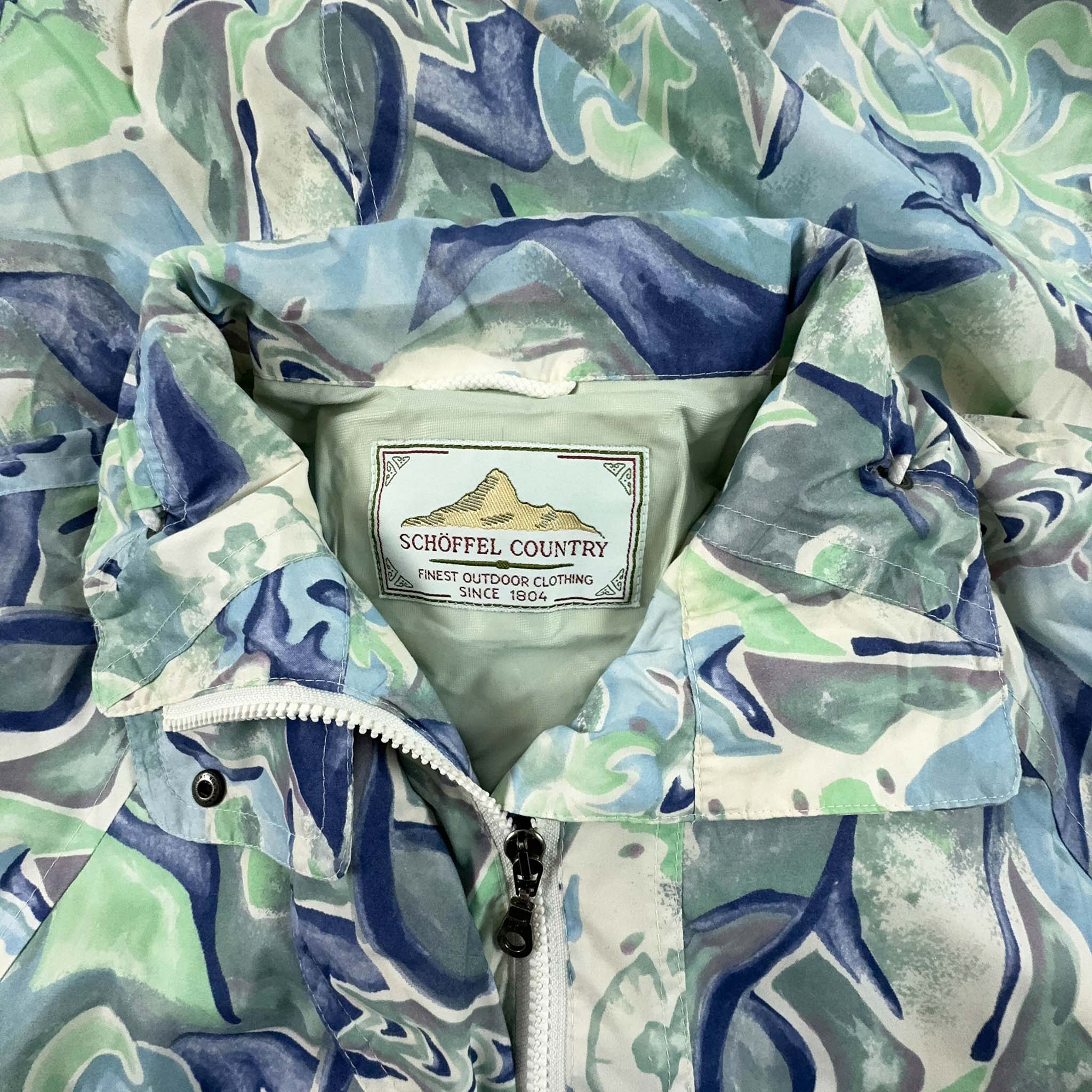 Giacca a vento Vintage a fantasia azzurra e verde con zip - Taglia M/L uomo